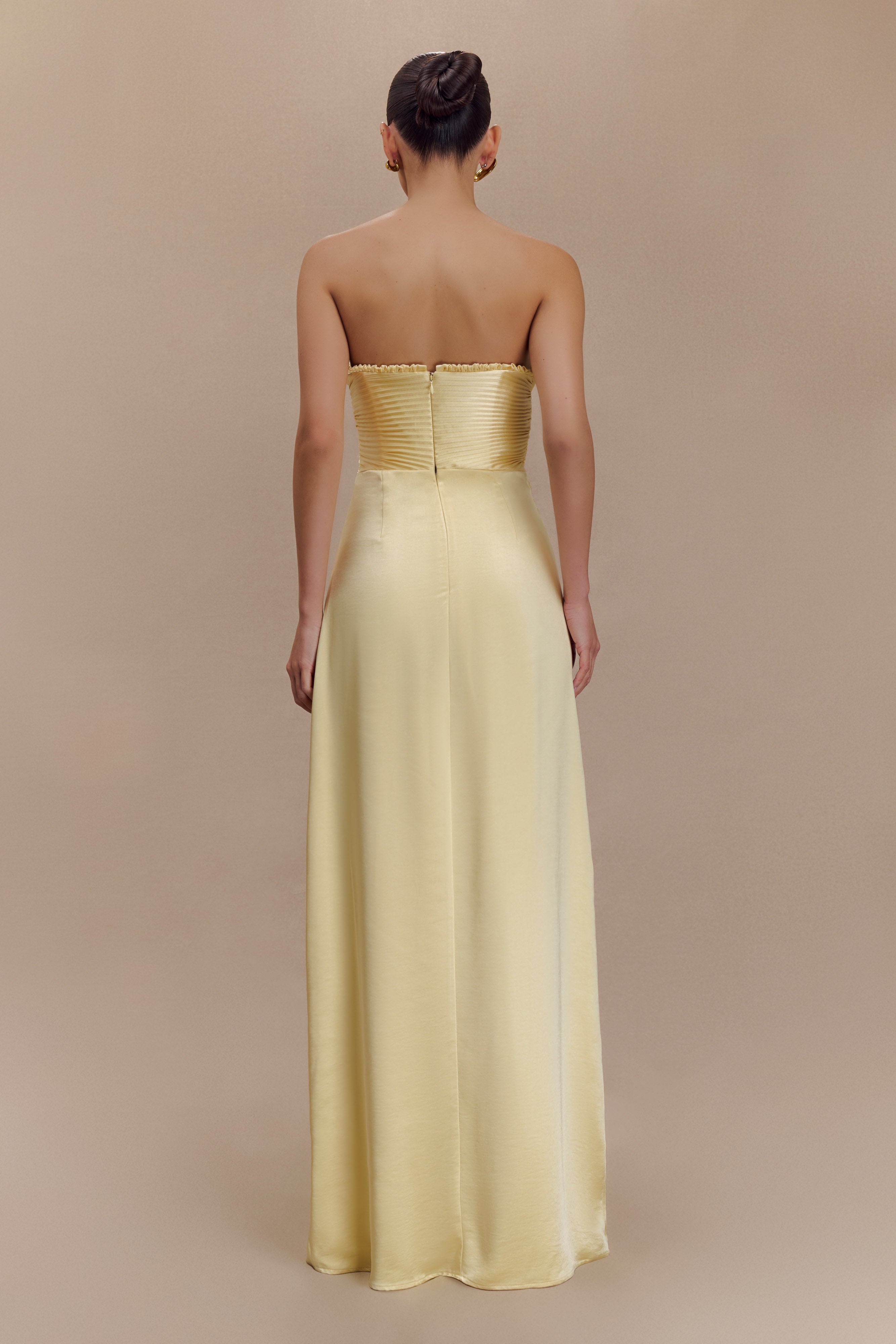 Larissa Satin Maxi Dress with Ruched Petals - Elegant Lemon Yellow Formal Gown for Weddings, Parties & Special Occasions
