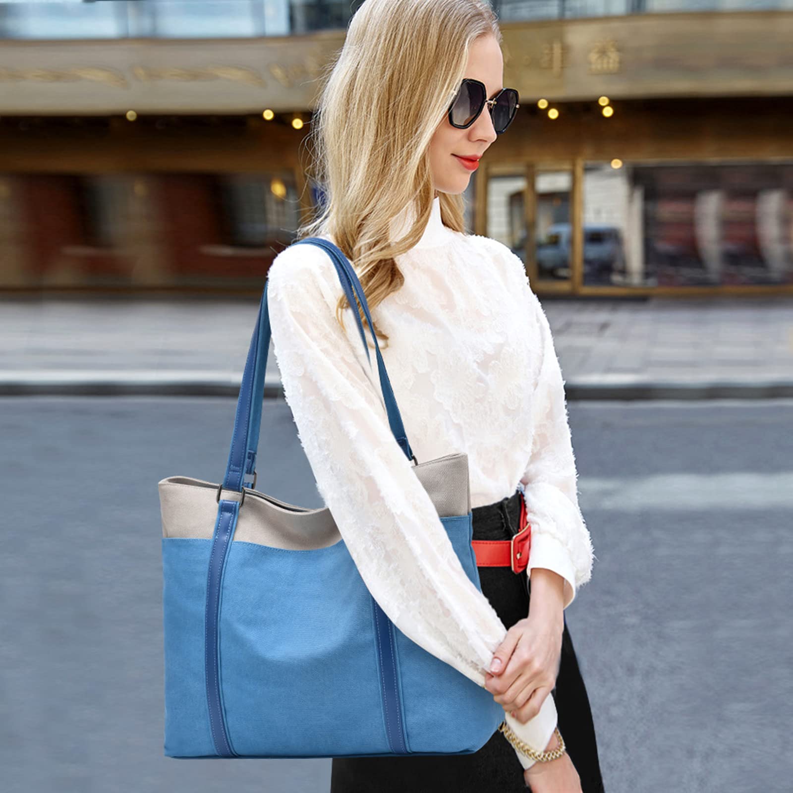 PORRASSO Women's Large Canvas Tote Bag - Stylish Casual Shoulder Handbag with Top Handle for Work, Travel & Everyday Use