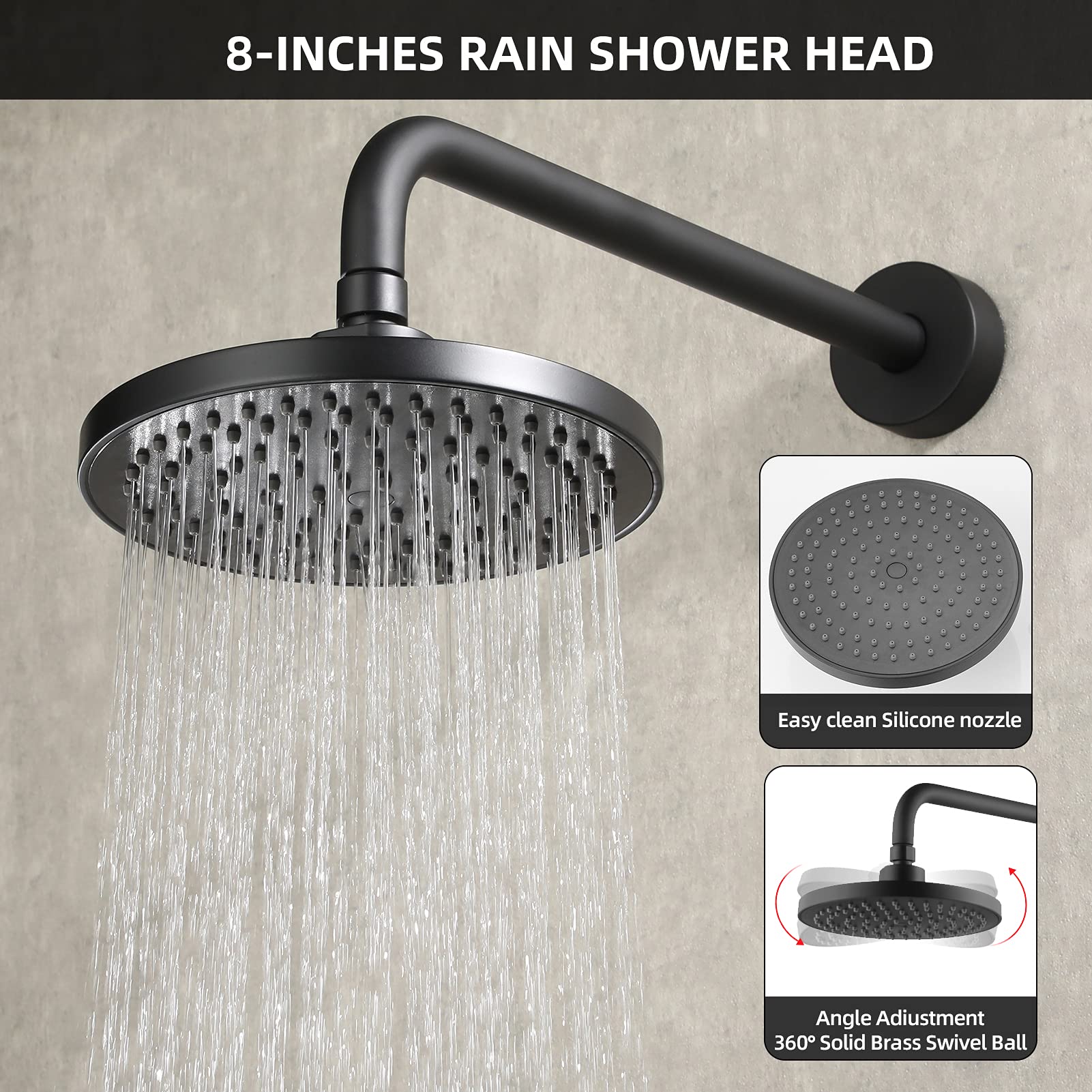 NEWATER Black Dual Function Shower Faucet Set with Tub Spout - Complete Shower Trim Kit (Includes Valve, 8 Inch Rainfall Shower Head) - Wall Mounted Mixer Shower System for Bathroom & Tub - Perfect for Modern Home Renovation & Spa-Like Shower Experience