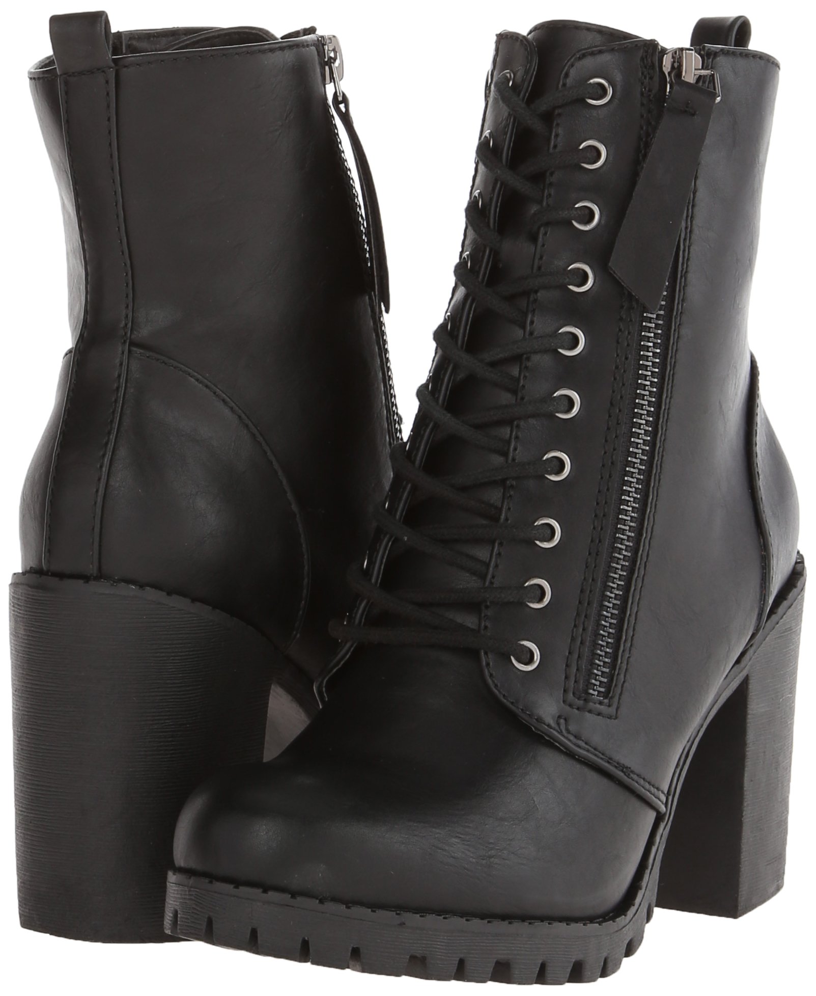 Soda Malia Women's Round Toe Stacked Lug Heel Lace Up Ankle Boots - Chunky Heel Booties for Fall Winter Fashion, Casual Outfits & Street Style