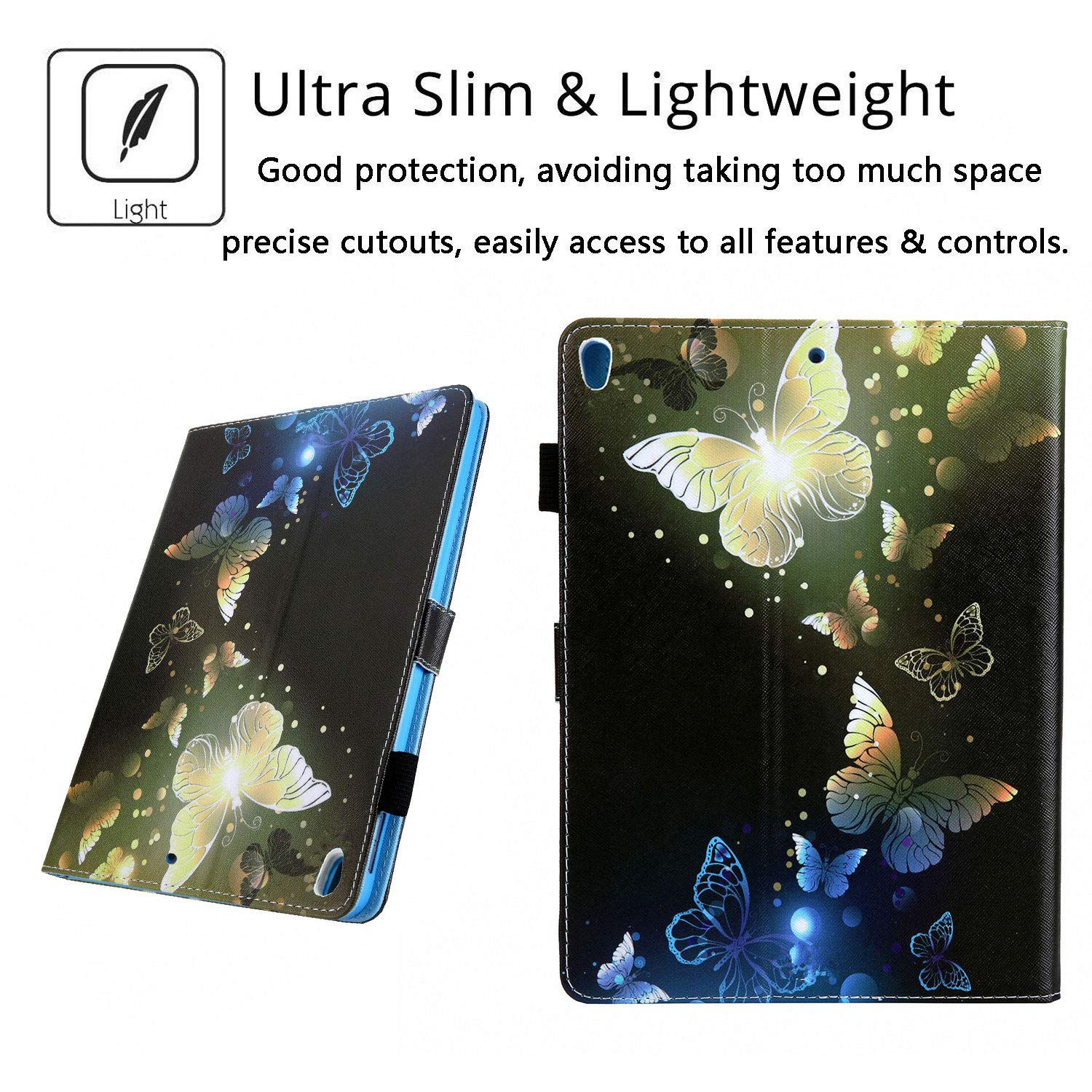 Premium PU Leather Smart Case for iPad 10.5 / iPad Air 3 (2019) / iPad Pro 10.5 (2017) - Auto Sleep/Wake, Stand Function & Pencil Holder - Gold Blue Butterfly Design - Perfect for Work, Study & Travel Protection