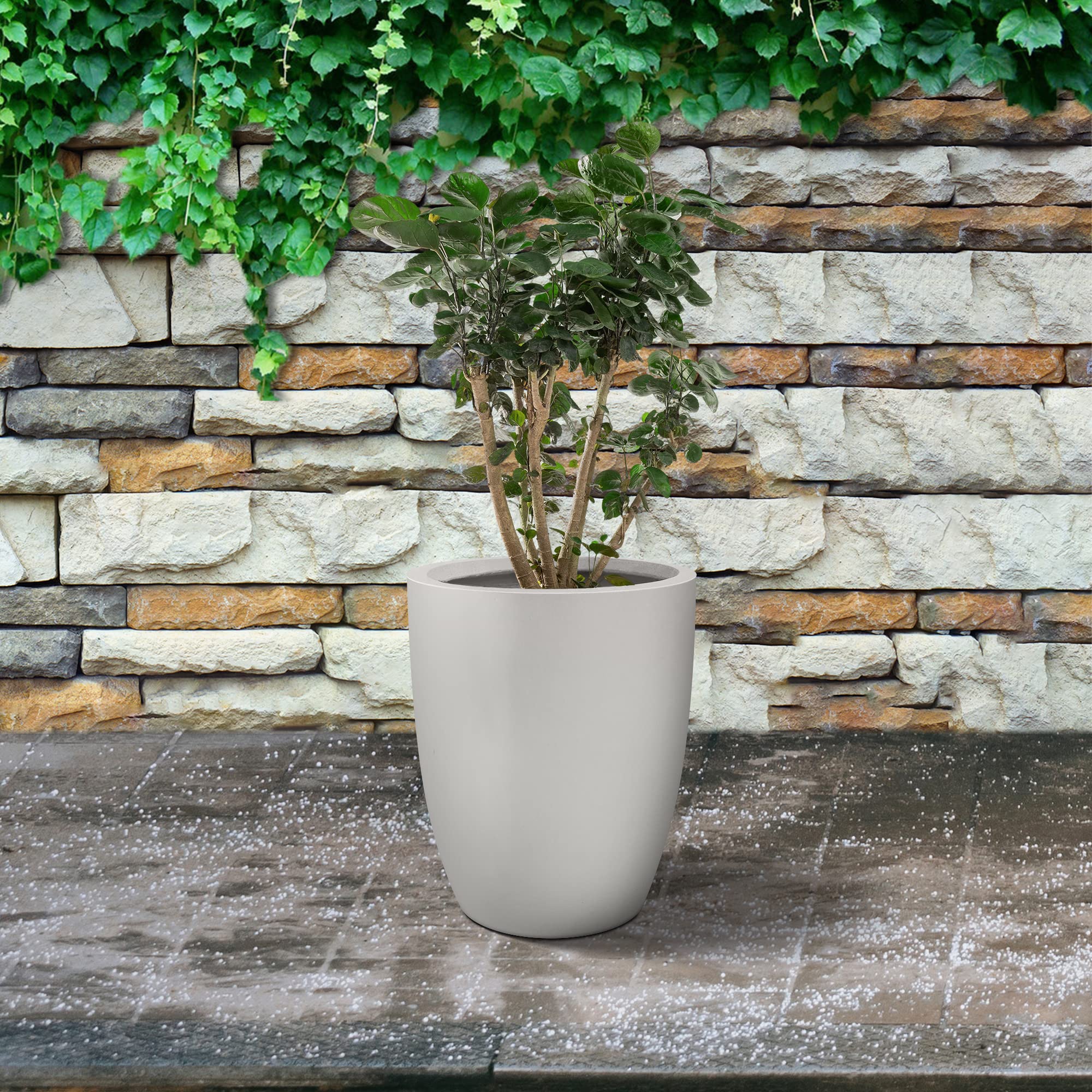 18.1 Inch Tall Modern Round Concrete Planter - Indoor Outdoor Decorative Flower Pot with Drainage Hole & Rubber Plug - Pure White Home Garden Decor for Patio, Balcony & Living Room
