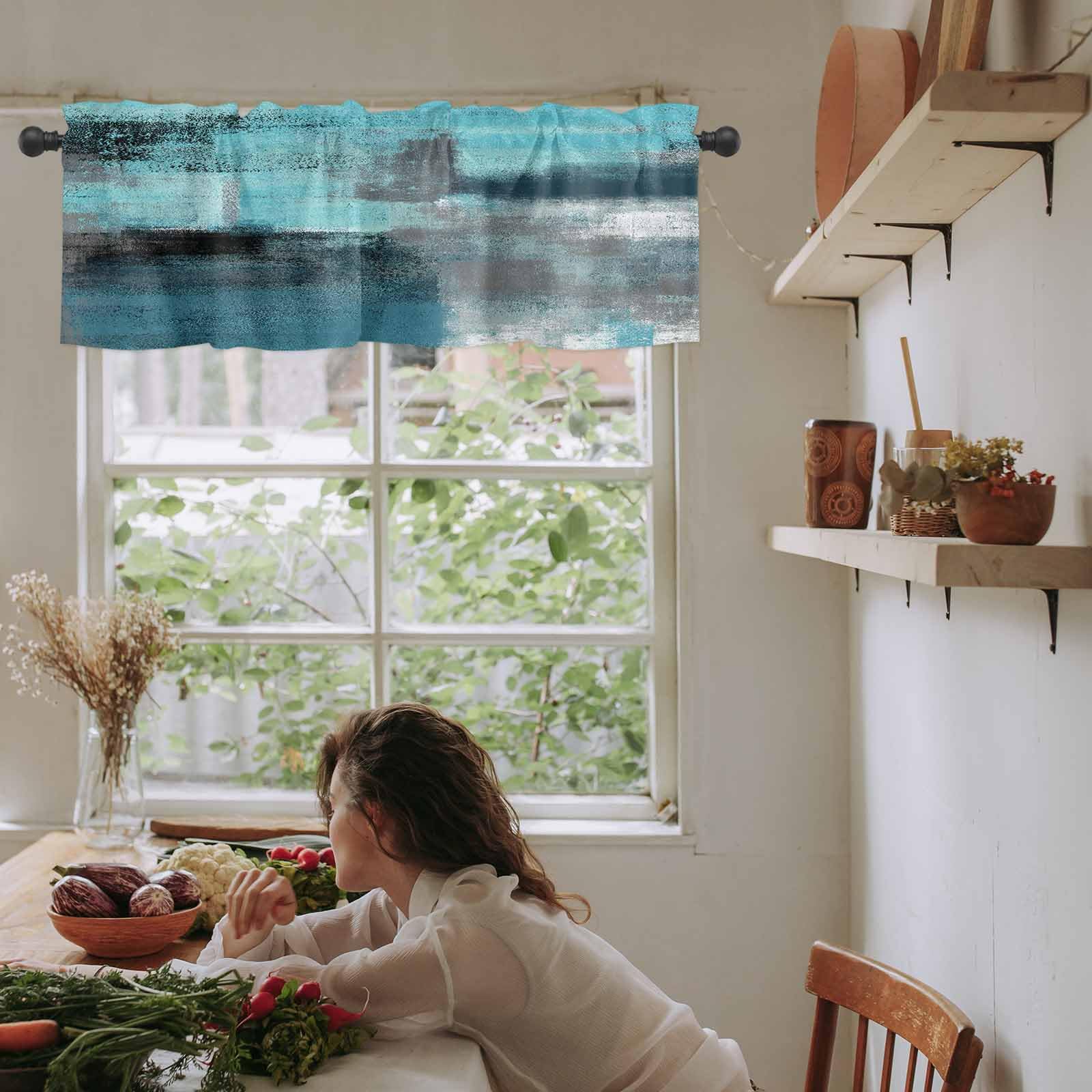 Abstract Graffiti Valance - Turquoise & Grey Art Window Treatment for Farmhouse & Bedroom Decor