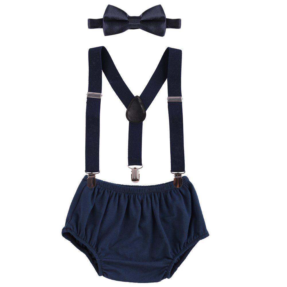 Baby Boys Cake Smash Outfit Set - 3PCS Diaper Suspenders, Pants & Bow Tie for 1st & 2nd Birthday Photo Props (Navy Blue, 3-24 Months) | Perfect for Birthday Parties, Cake Smash Photography & Special Occasions