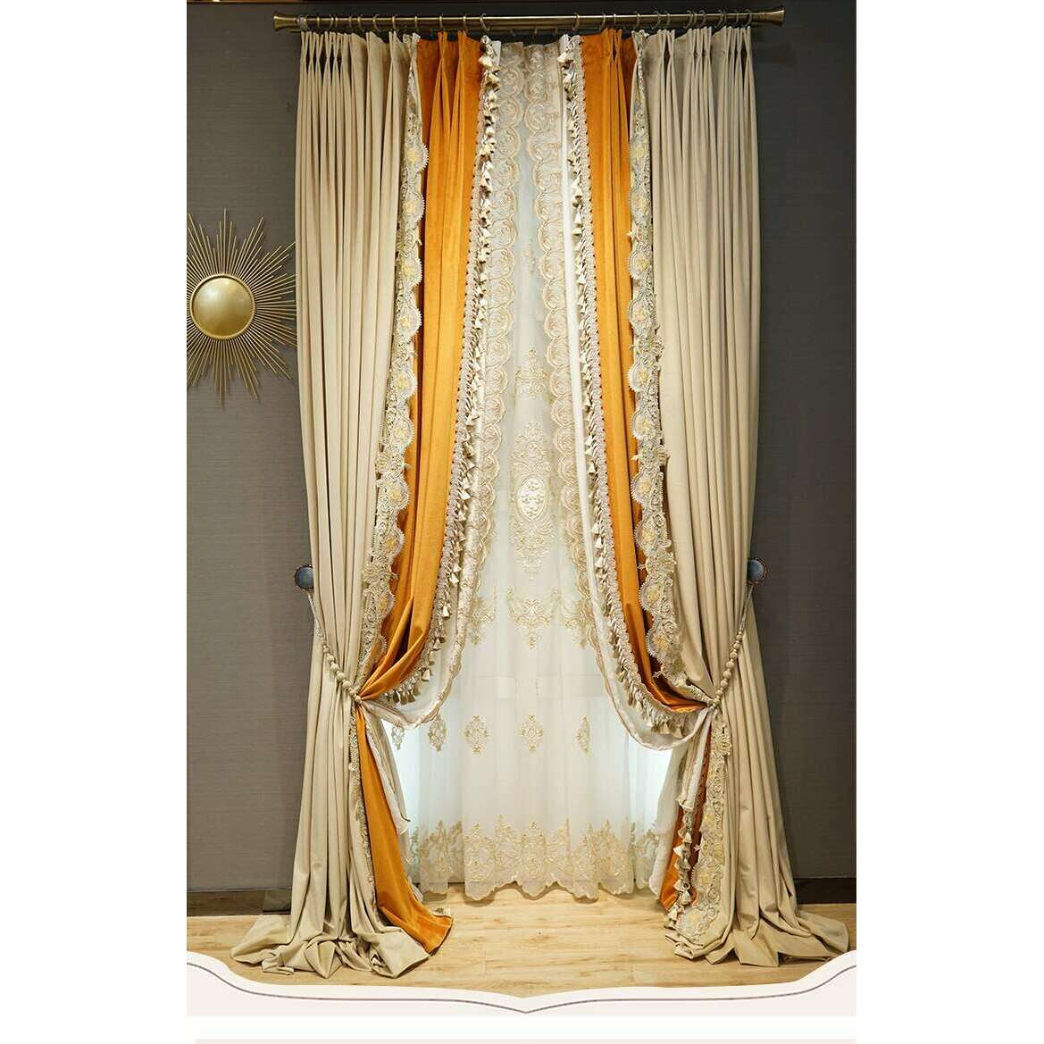 Brittany Luxury Royal Lace Designer Velvet Curtains - Beige & Orange Elegant Window Drapes for Living Room, Bedroom & Wedding Decor