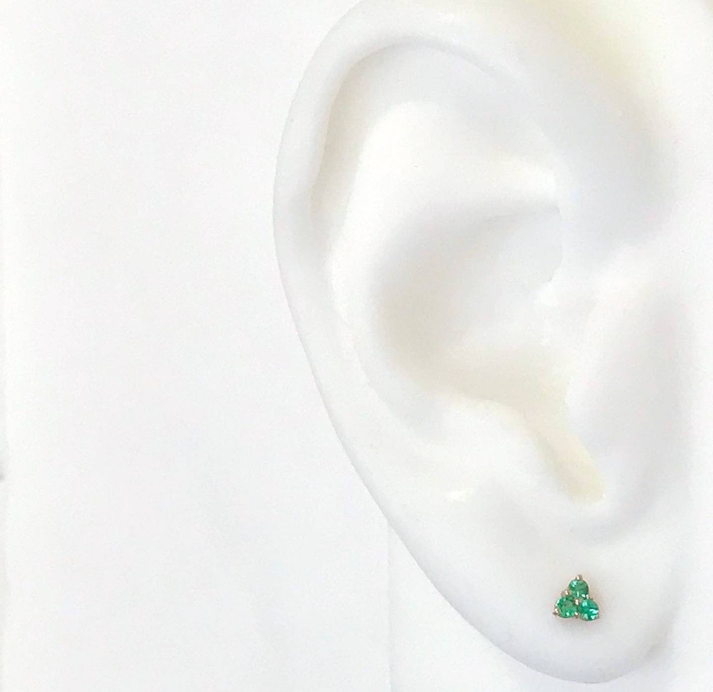 Genuine 2mm & 5mm Round Triple Emerald Stud Earrings in Sterling Silver or 14K Gold - Tri Stone Trinity Cluster Fine Jewelry for Women - Perfect for Weddings, Parties & Special Occasions