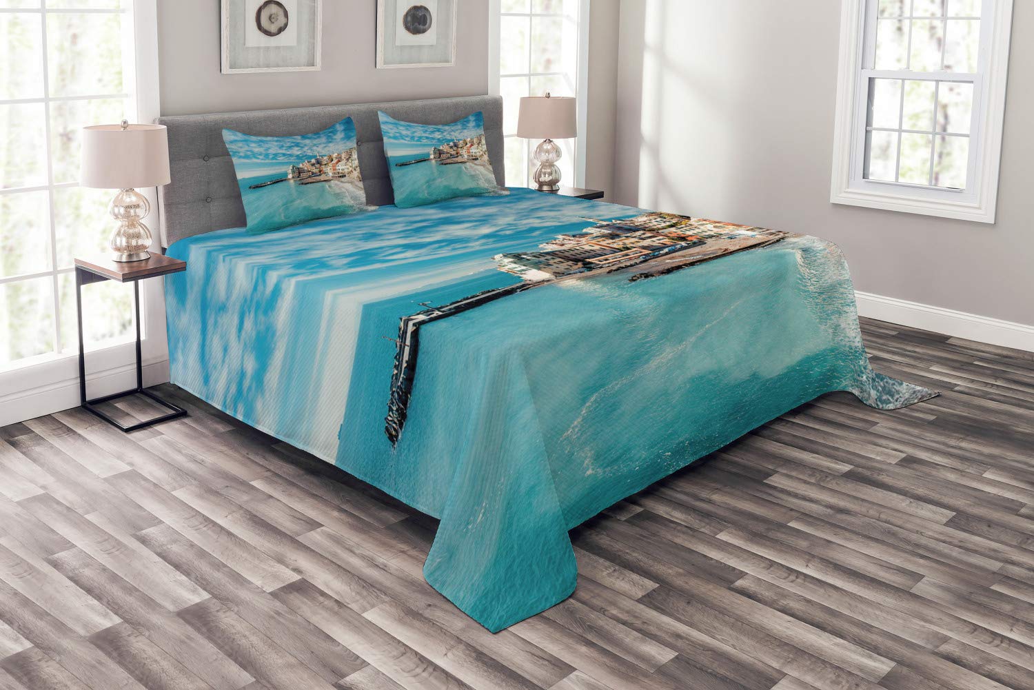 Ambesonne Italy Bedspread Set - 3 Piece Coastal Decor with 2 Pillow Shams, King Size Turquoise Old Italian Fishing Village Beach Art | Perfect for Beach House, Coastal Theme Bedroom & Vacation Home Decor