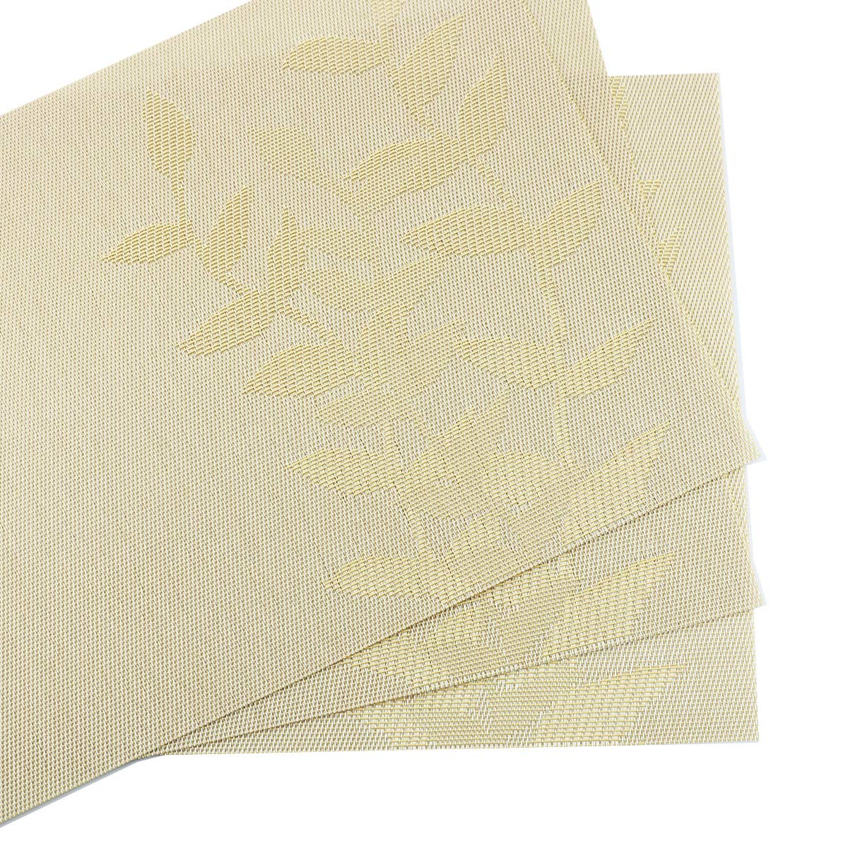 Gold Floral Vinyl Placemats Set of 6 - Heat Resistant Non-Slip Table Mats for Dining - Woven Crossweave Design - Indoor/Outdoor Kitchen Use - Easy Wipe Clean - Perfect for Dinner Parties, BBQs, and Everyday Meals