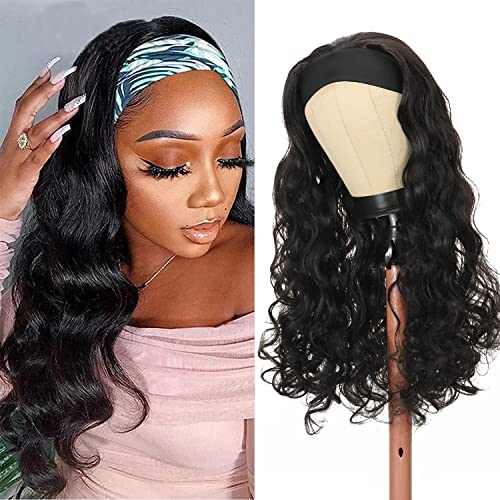 Luoleina Glueless Headband Wig for Black Women - 24 Inch Long Body Wavy Synthetic Hair - Natural Black 180% Density Heat Resistant Fiber - No Wig Cap Needed - Perfect for Daily Wear, Parties & Special Occasions