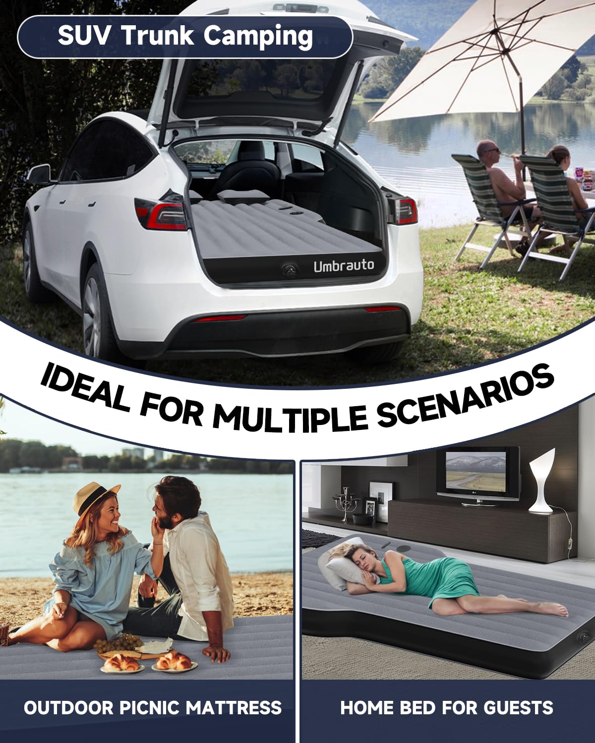 Tesla Model Y Air Mattress - Inflatable Camping Mattress for SUV Travel, Portable Flocking Sleeping Pad with Built-in Air Pump, Repair Kit & Storage Bag (Grey) - Perfect for Road Trips, Camping & Outdoor Adventures