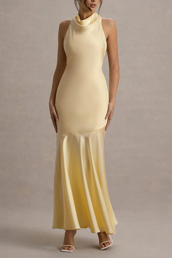 Elegant Satin Cowl Neck Maxi Dress with Back Tie Detail - Perfect for Evening Parties, Weddings & Special Occasions