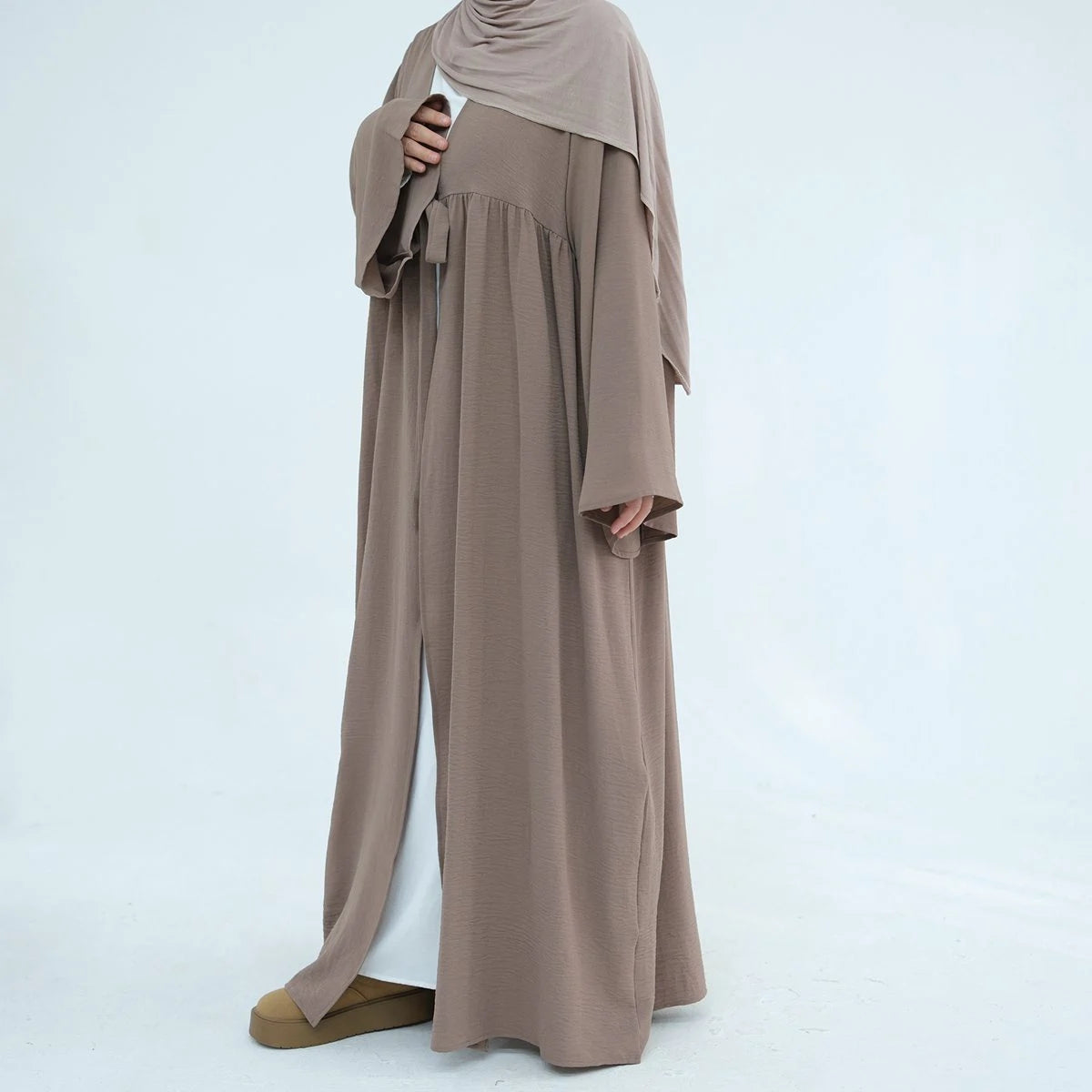 Elegant Lace-Up Crepe Open Abaya Dress #24896 - Modest Muslim Fashion for Women, Perfect for Prayer, Weddings & Special Occasions
