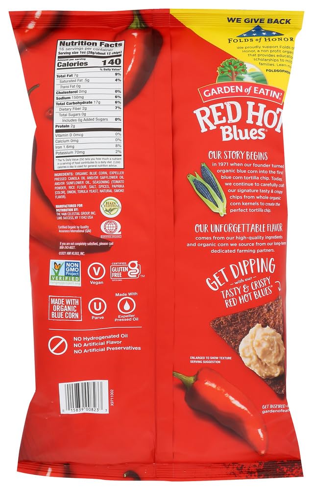 Organic Garden of Eatin' Red Hot Blue Corn Tortilla Chips - 16oz Pack of 12 | Gluten-Free, Vegan Snacks for Parties, Movie Nights & Healthy Munching