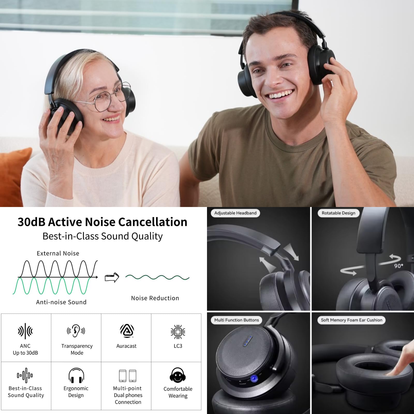 EchoBeatz Wireless Bluetooth Headphones with Auracast - Over-Ear Active Noise Cancelling (ANC), Ultra Low Latency for Gaming & Movies, Comfortable for Travel, Work & Office Use - Perfect for Commuting, Studying & Entertainment