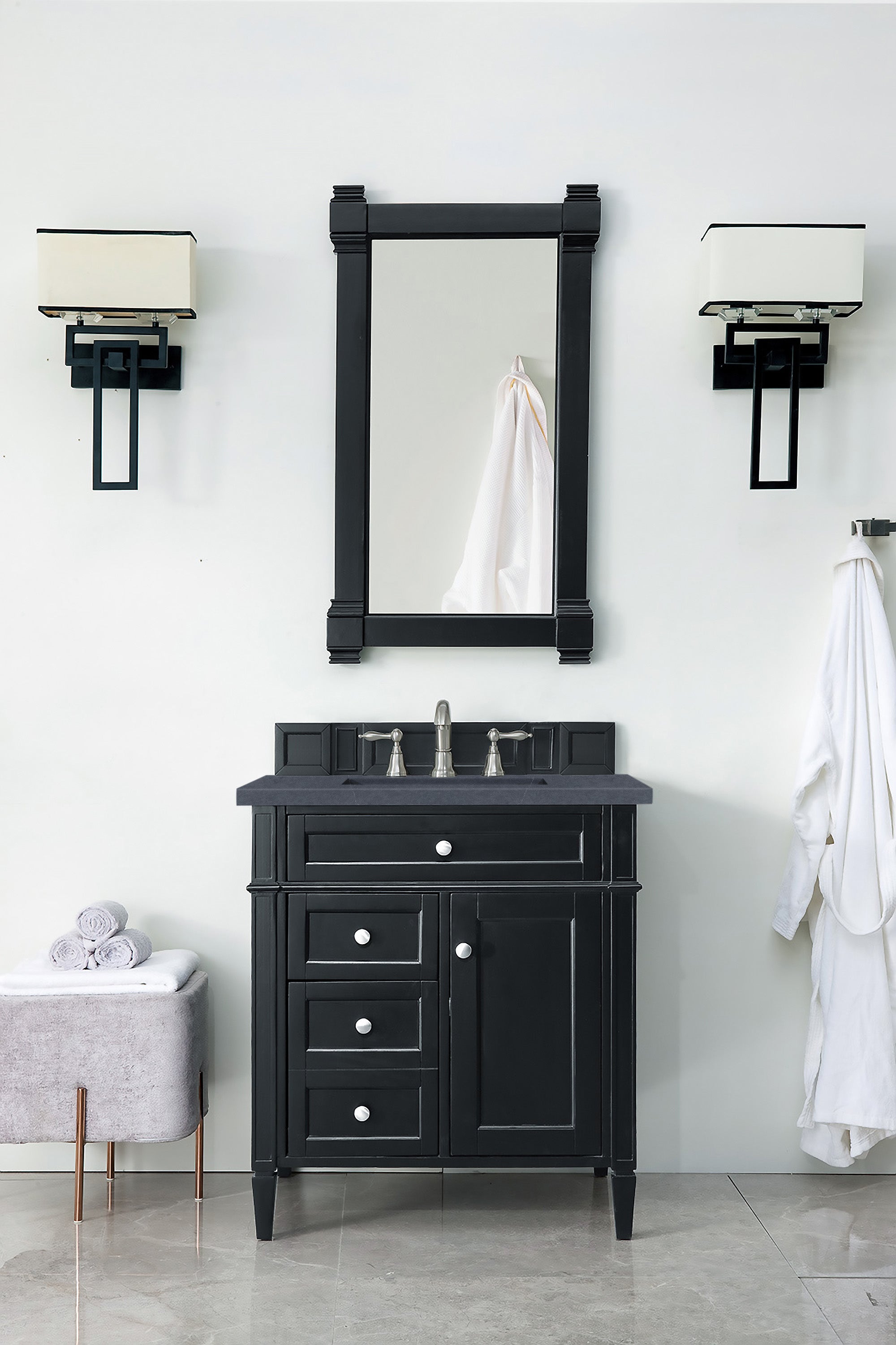 Brittany 30-Inch Single Bathroom Vanity in Black Onyx with 3CM Charcoal Soapstone Quartz Countertop - Perfect for Modern Master Bathrooms & Powder Rooms