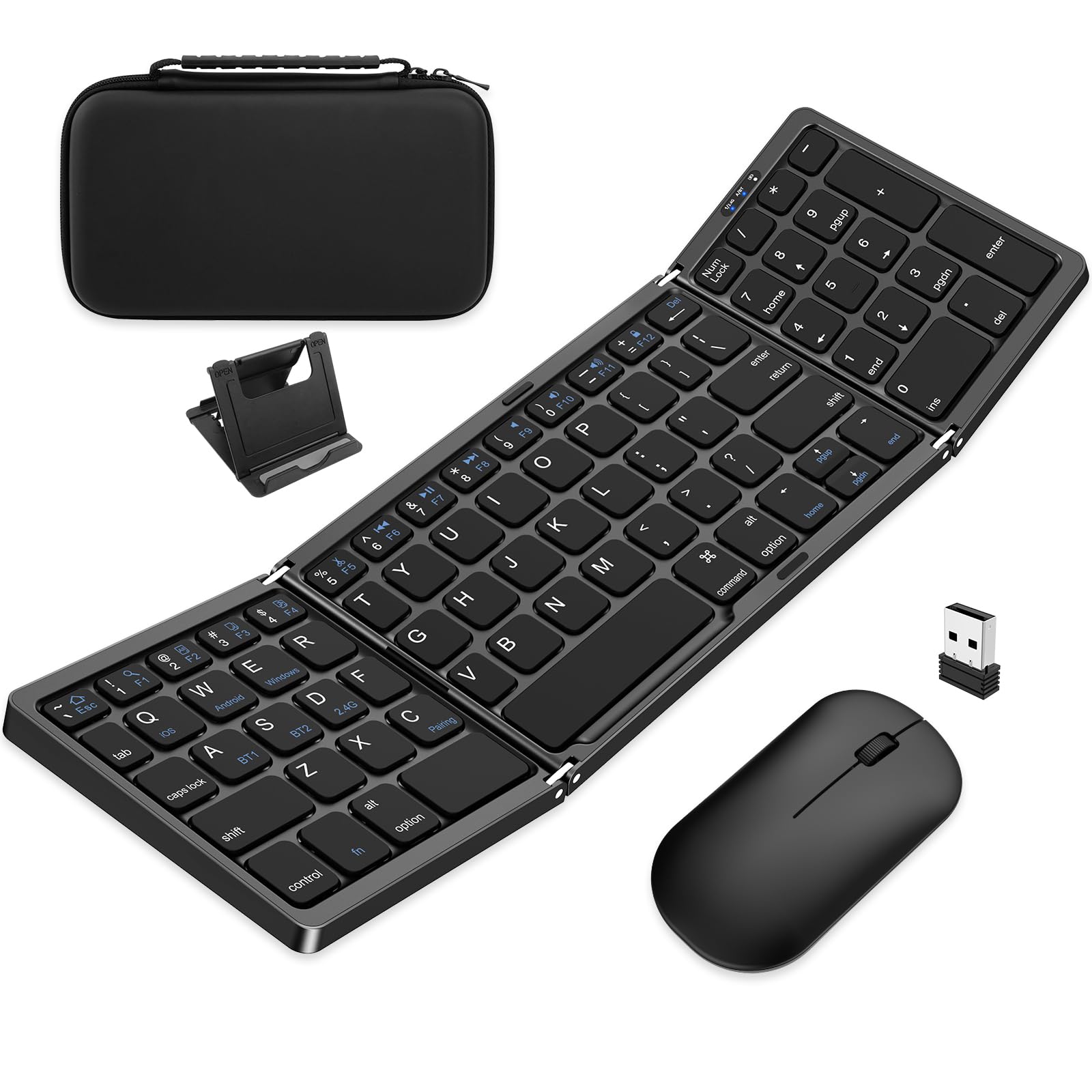 Foldable Wireless Keyboard and Mouse Combo - EDJO Portable 2.4G+Bluetooth Rechargeable Keyboard Mouse Set with Carrying Case for Windows/Mac/iOS/Android - Perfect for Travel, Office & Home Use with Laptop/PC/Tablet