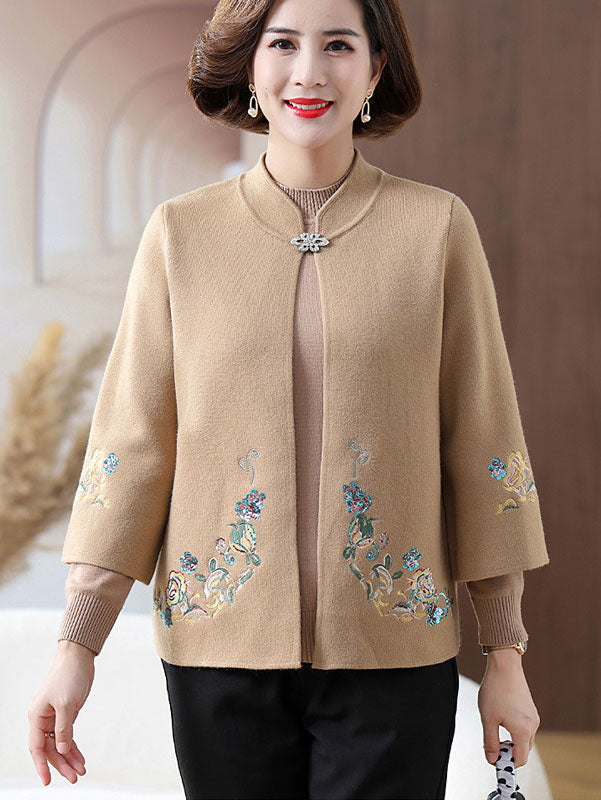 Red Beige Embroidered Knit Women's Sweater Jacket - Cozy Pullover Top for Mothers, Casual Wear & Fall Fashion