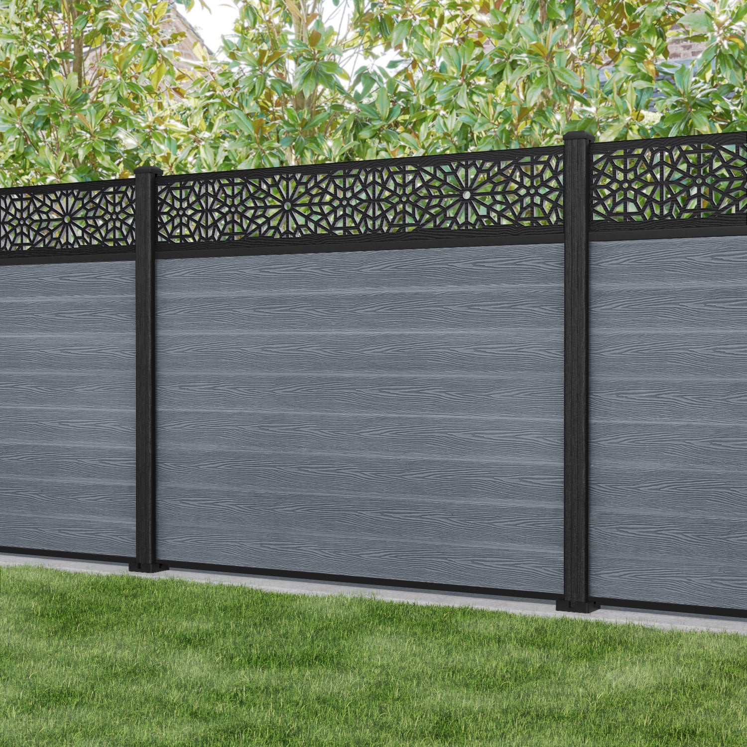 Classic Alnara Fence Panel - Anthracite Color with Composite Posts | Durable & Stylish Backyard Privacy Fence for Home & Garden