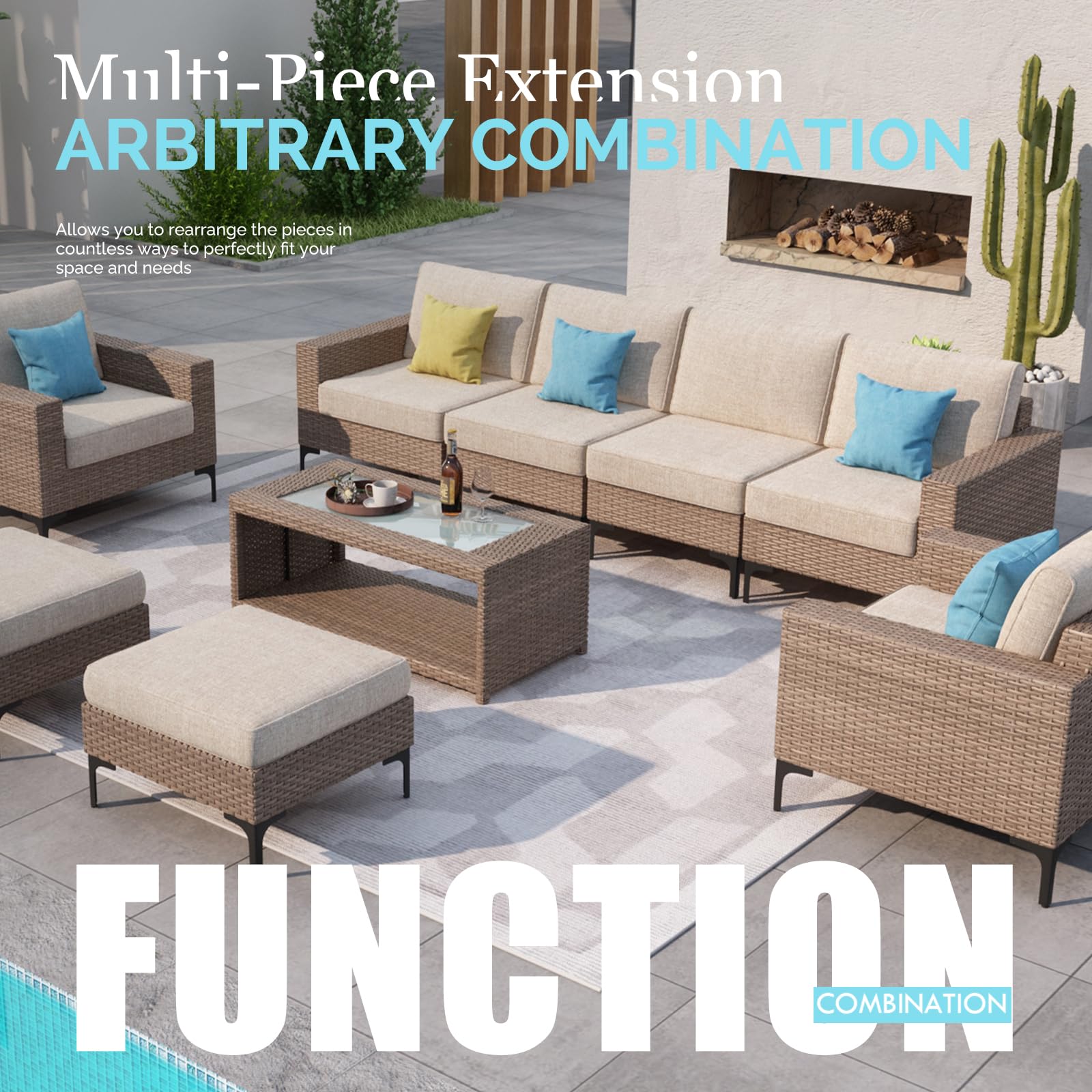 DIMAR GARDEN 6-Piece Fully Assembled Outdoor Patio Furniture Set - Aluminum Wicker Sofa with Cushions in Light Brown - Perfect for Garden, Backyard, Poolside & Terrace Relaxation