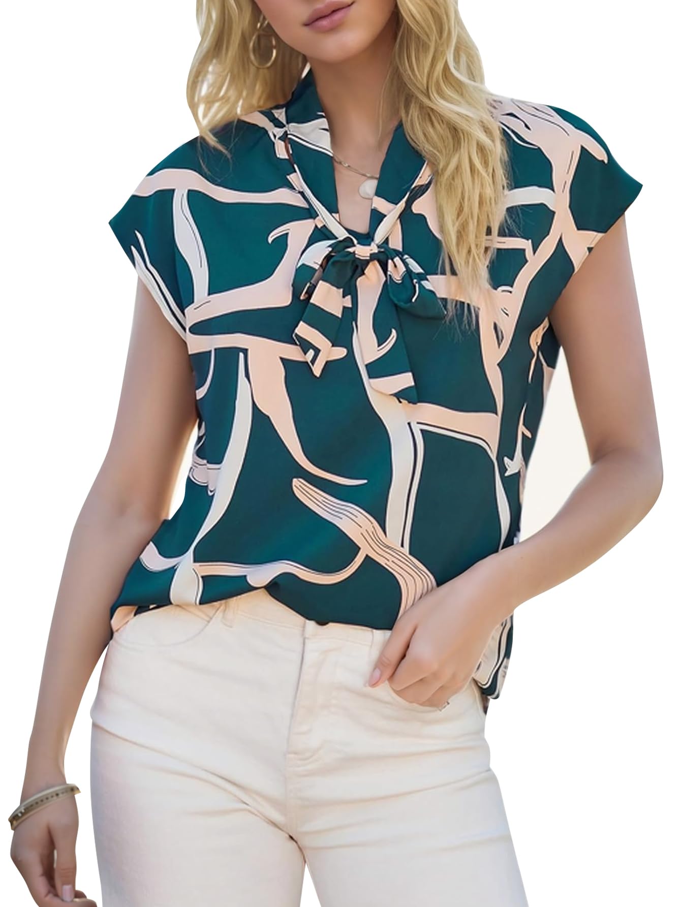 YKR Women's Summer Blouses - Elegant Bow Tie V-Neck Tops with Graphic Print, Cap Sleeve Silk Shirts for Work & Office Wear | Perfect for Business Casual, Cocktail Parties & Date Nights
