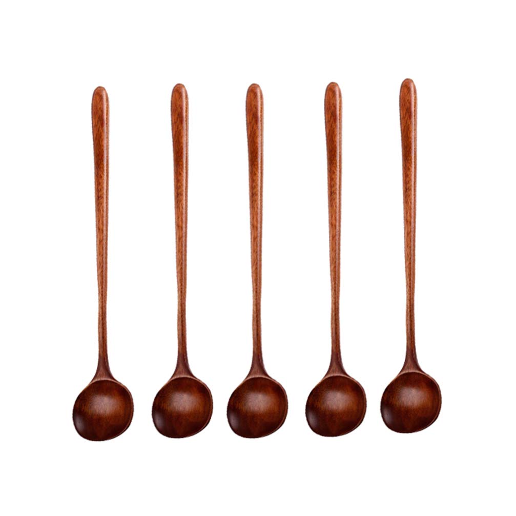5-Piece Korean Style Natural Wooden Stirring Spoons Set - Long Handle Wood Soup Ladle for Cooking, Serving - Ideal for Home Kitchen, Restaurant & Cafes