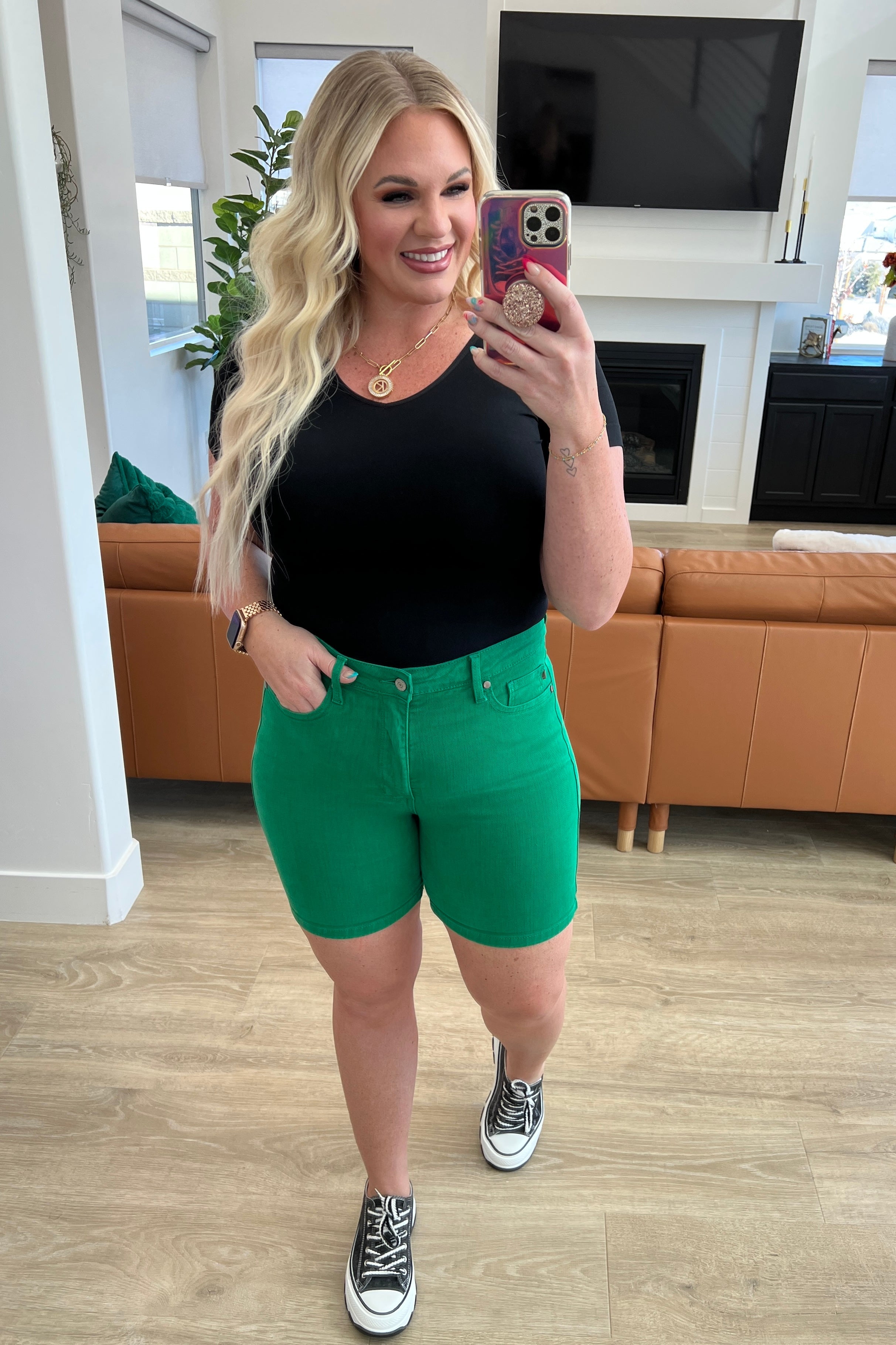 Judy Blue Green Jenna High Rise Control Top Cuffed Shorts for Women - Comfortable Stretch Denim Shorts for Summer, Casual Wear & Everyday Outfits