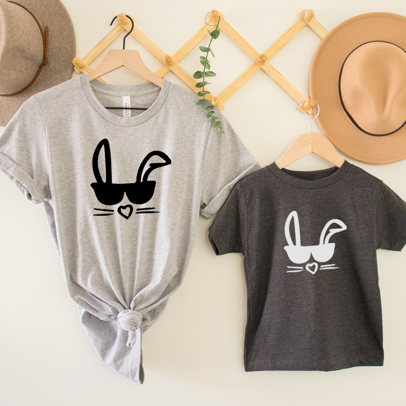 Cool Bunny Matching T-Shirts for Couples & Families - Charcoal & Heather Grey - Fun Outfits for Date Nights & Family Events