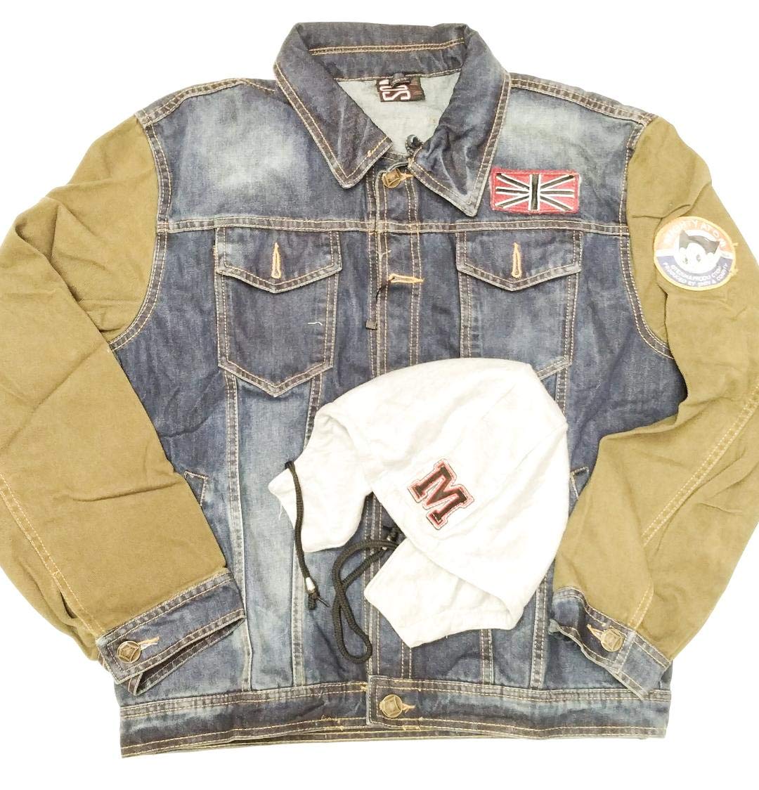 Vintage Destroyed Denim Jacket with Custom Patches - Brown Sleeves & Detachable Hood for Men & Women | Perfect for Streetwear, Music Festivals & Urban Fashion
