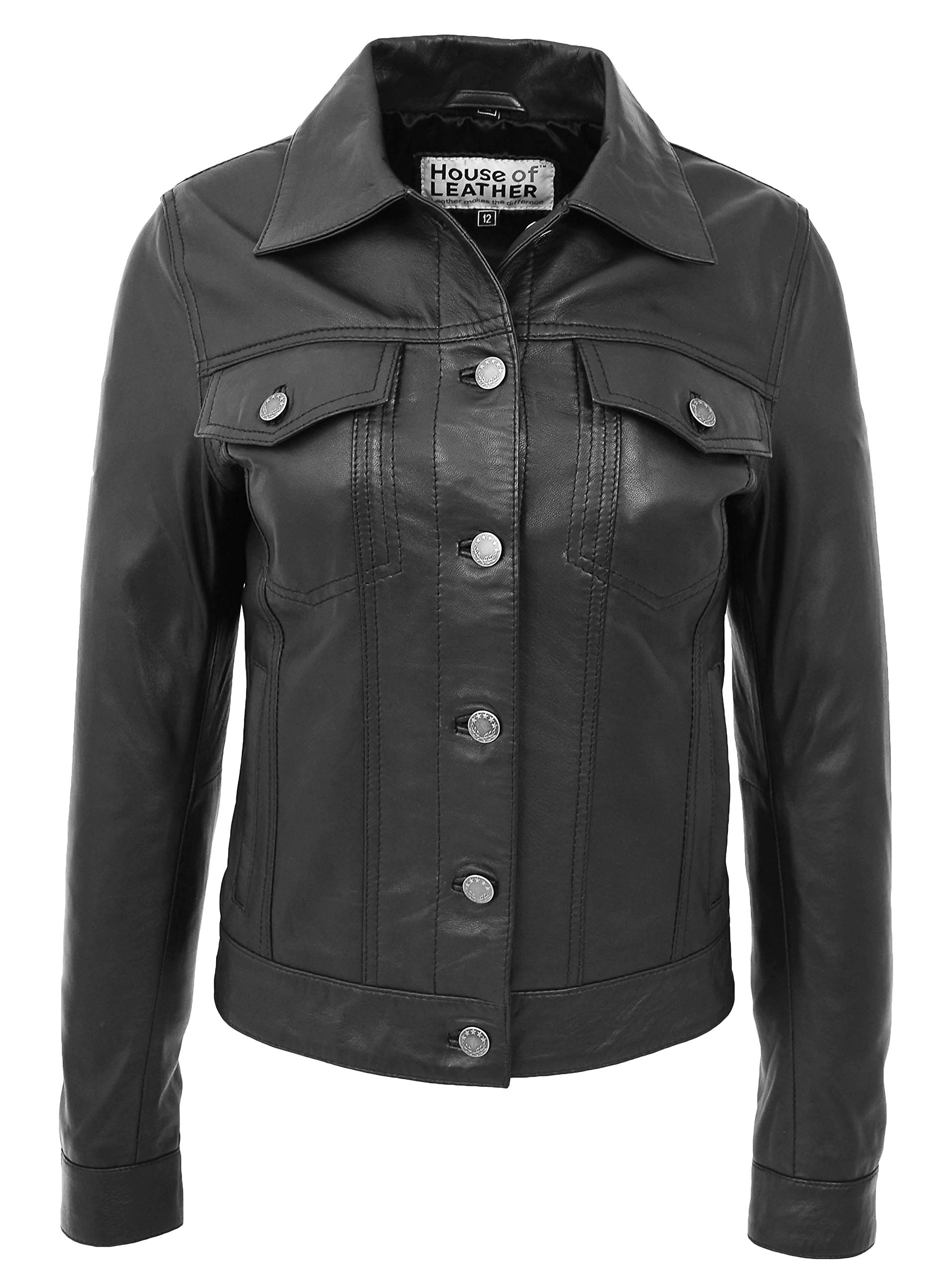 Women's Black Leather Trucker Jacket - Fitted Denim Biker Style Coat for American Girls | Perfect for Motorcycle Riding, Casual Outings & Night Out Fashion
