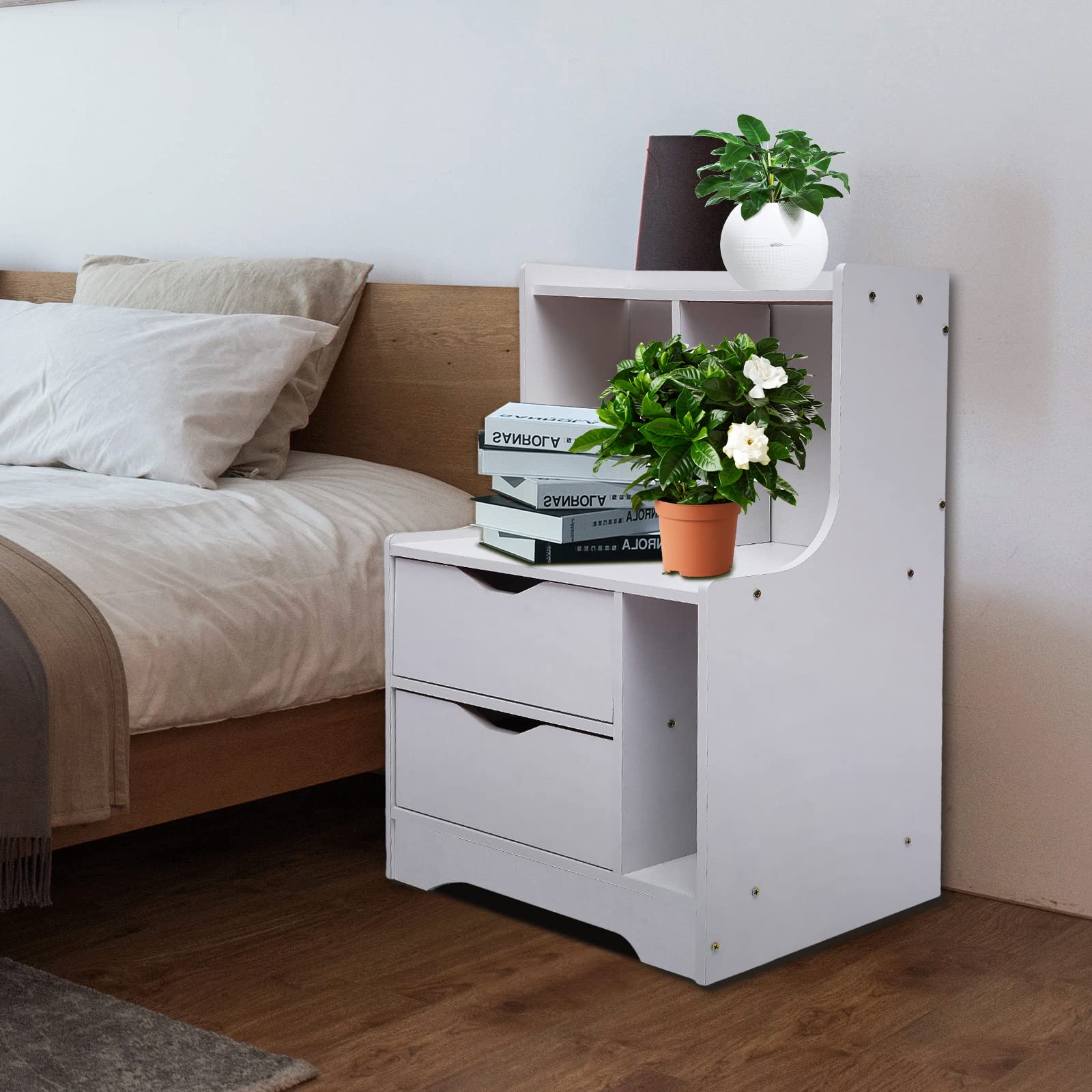 White Wood Nightstand with 2 Drawers - Bedside Table for Bedroom & Living Room Storage