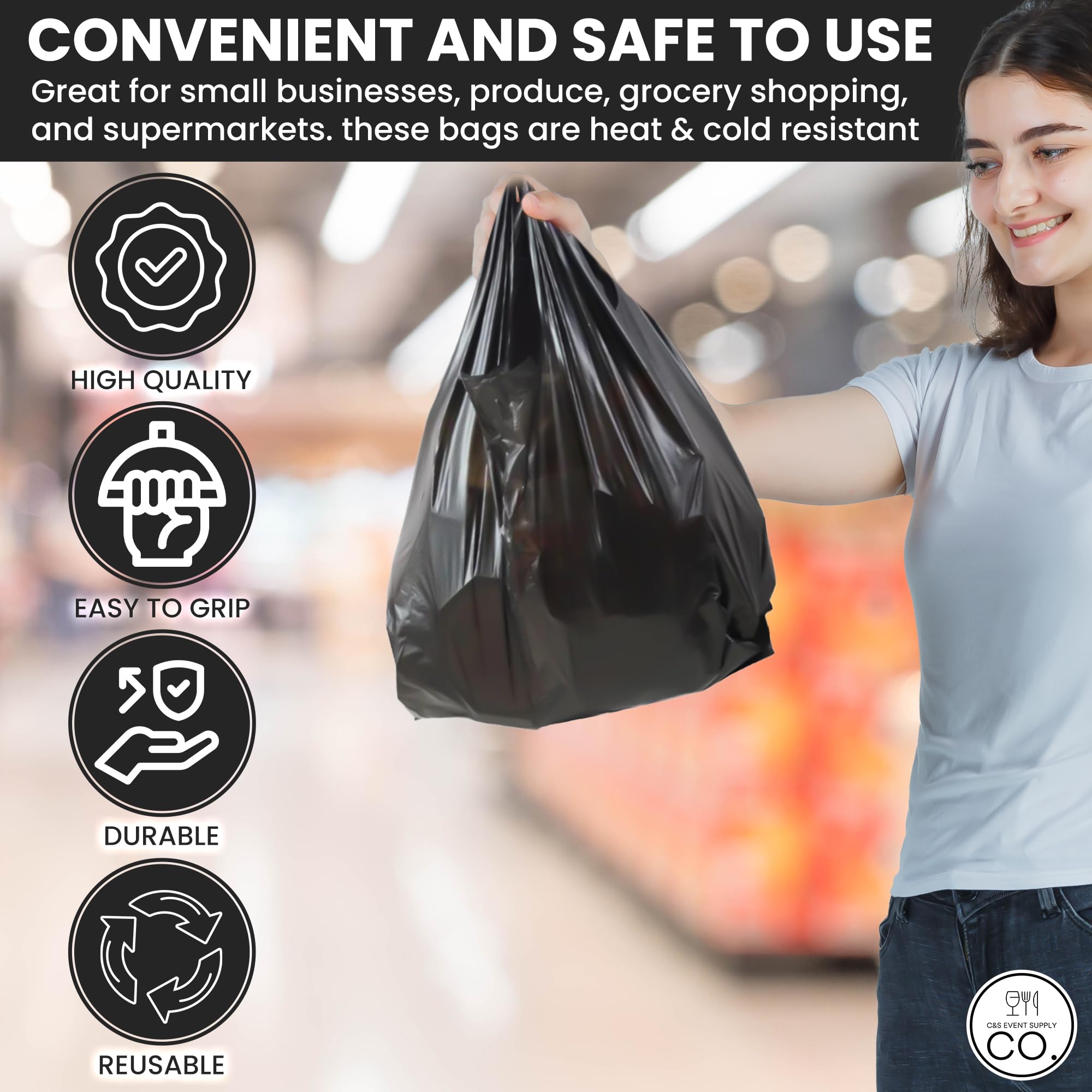 100 Pack Black Plastic Grocery Bags with Handles - Biodegradable Shopping Bags Bulk for Groceries, T-Shirts & Produce - Eco-Friendly Thank You Bags for Retail Stores, Farmers Markets & Home Use