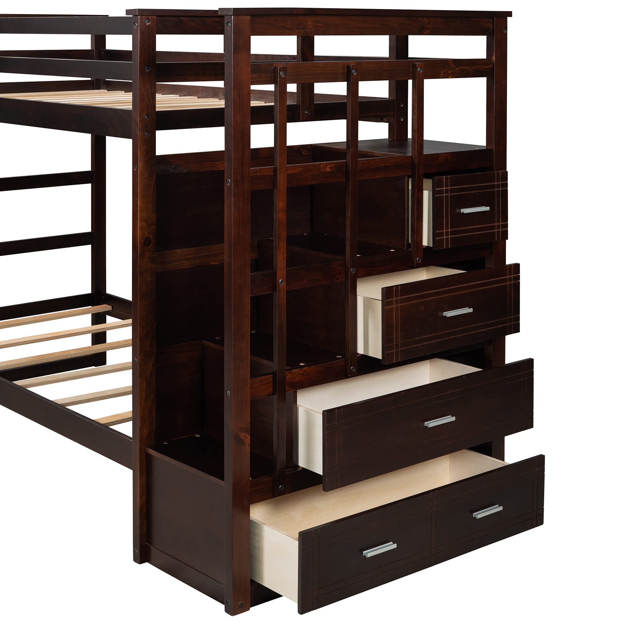 Solid Wood Twin Bunk Bed with Trundle, Storage & Stairs - Space-Saving Kids' Room Solution