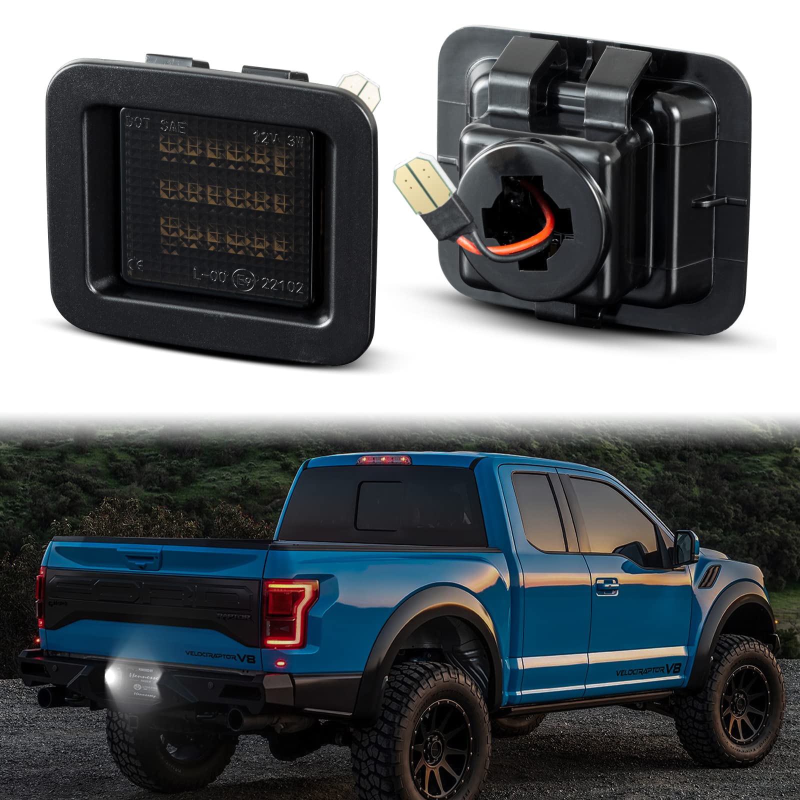 POPMOTORZ LED License Plate Lights - Smoked Lens 18SMD 6000K White (2 Pack) - Compatible with 2015-2022 Ford F-150 & F-150 Raptor Pickup Truck - Upgrade Your Nighttime Visibility & Style