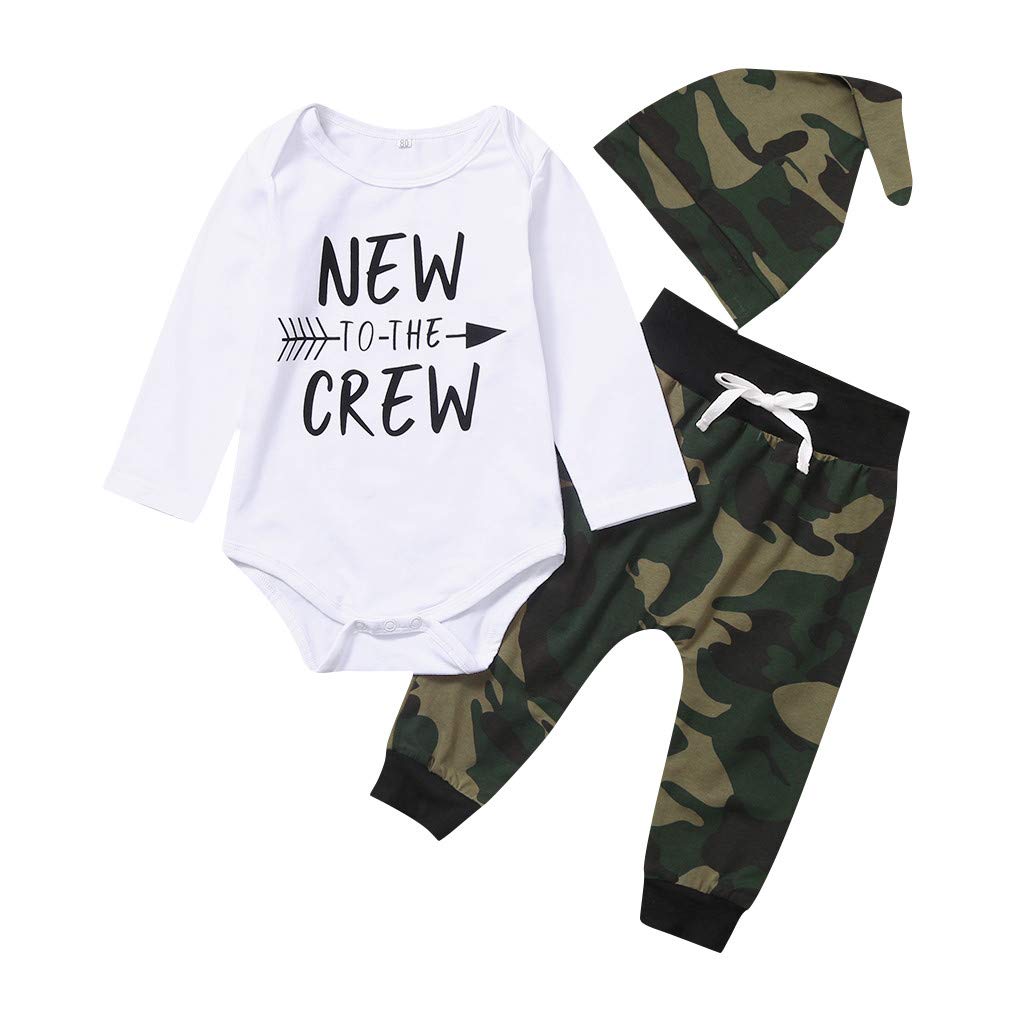 Newborn Baby Boy 3-Piece Outfit Set - Long Sleeve Letter Print Romper, Camo Pants & Hat (0-18 Months) | Soft Cotton Infant Clothes for Playdates, Photo Shoots & Everyday Wear