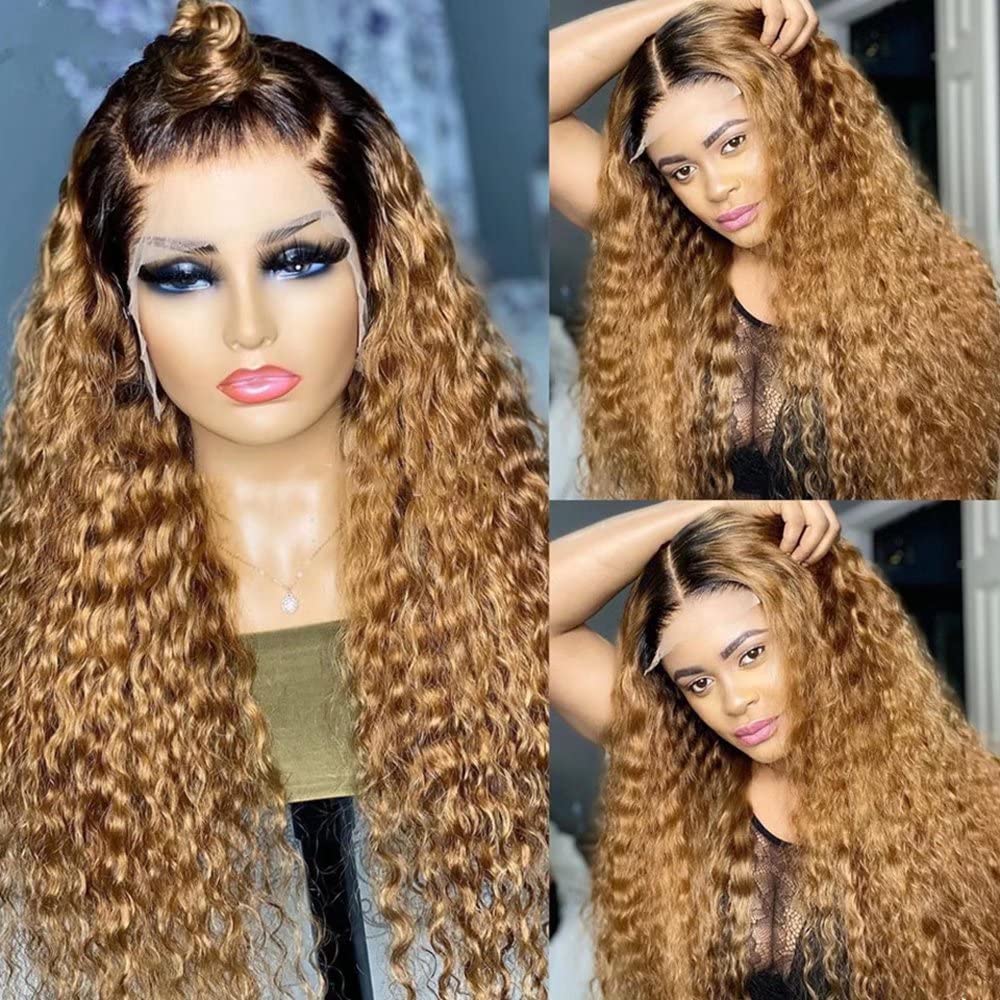 13x6 HD Transparent Lace Front Wig - Honey Blonde Ombre Brazilian Remy Human Hair - Glueless Natural Hairline with Baby Hair - 150% Density 24 Inch Curly Wig for Black Women | Perfect for Daily Wear, Special Occasions & Protective Styling