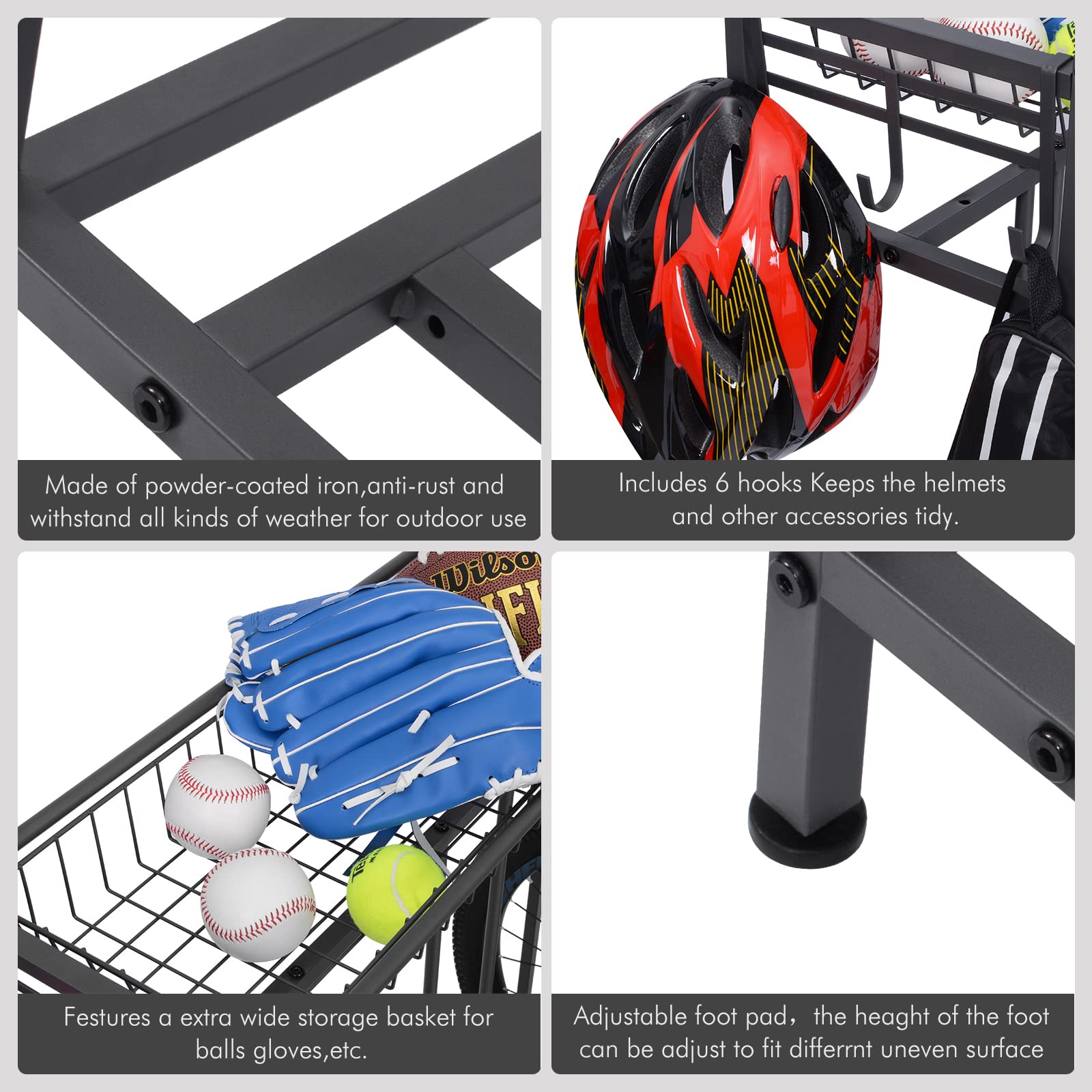 Garage Bike Rack - Heavy Duty Free Standing Bicycle Parking Stand for Mountain, Hybrid & Kids Bikes | Adjustable Bike Slot with 3 Stands & 6 Hooks | Sports Equipment Storage Solution for Home, Garage & Outdoor Use