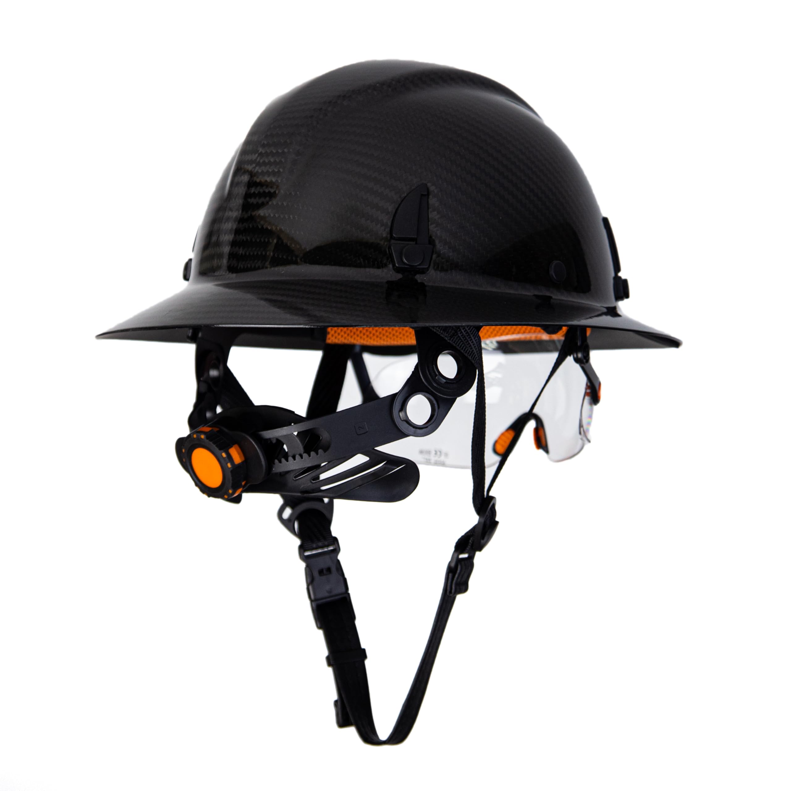 Carbon Fiber Full Brim Hard Hat Safety Helmet with Goggles & Adjustable 6-Point Suspension - OSHA Approved for Construction, Mining & Industrial Work | Includes Leather Chin Strap & Neck Protection