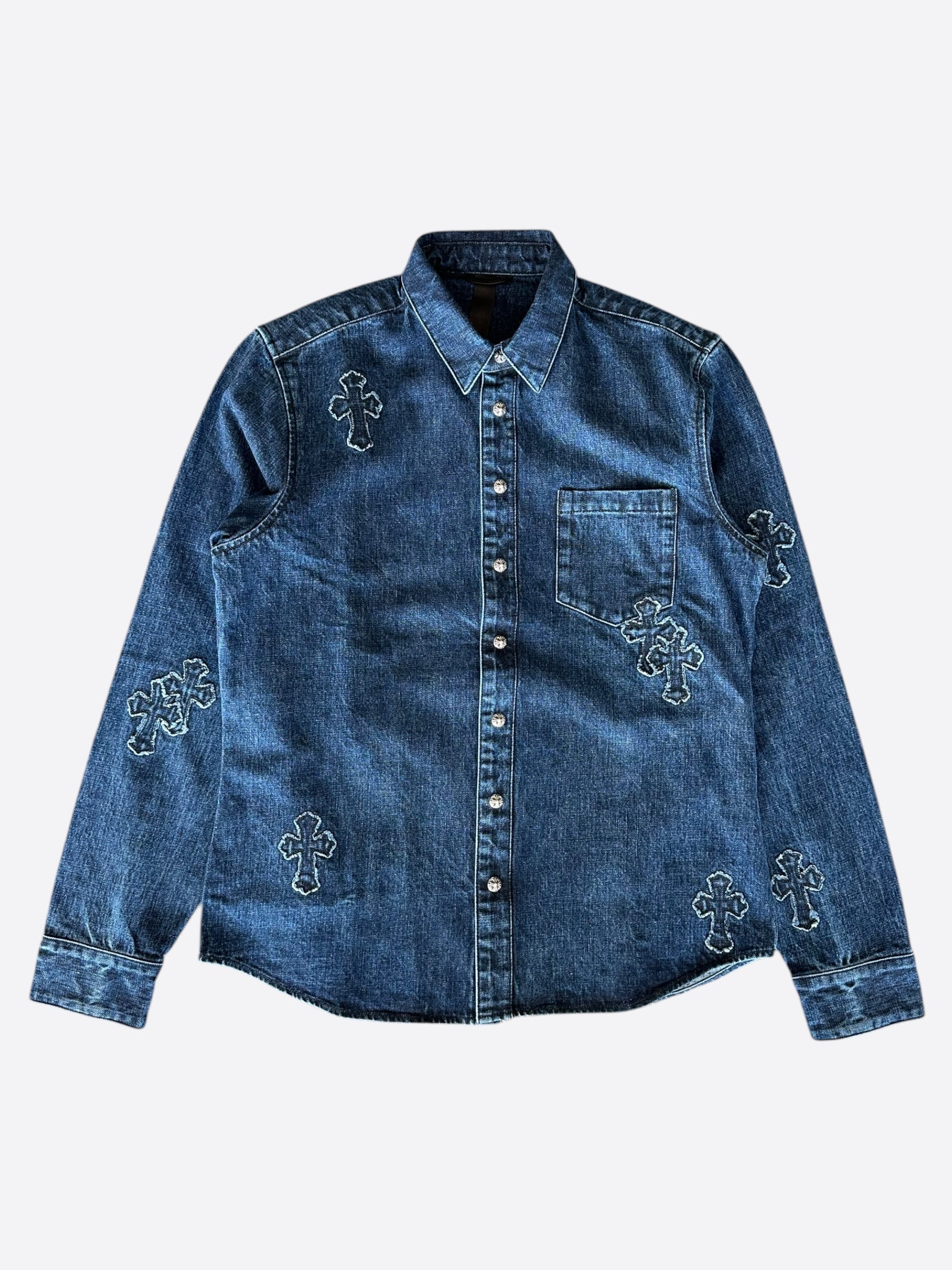 Chrome Hearts Blue Embroidered Cross Patch Denim Shirt for Men | Vintage Distressed Designer Shirt | Perfect for Streetwear & Casual Outfits