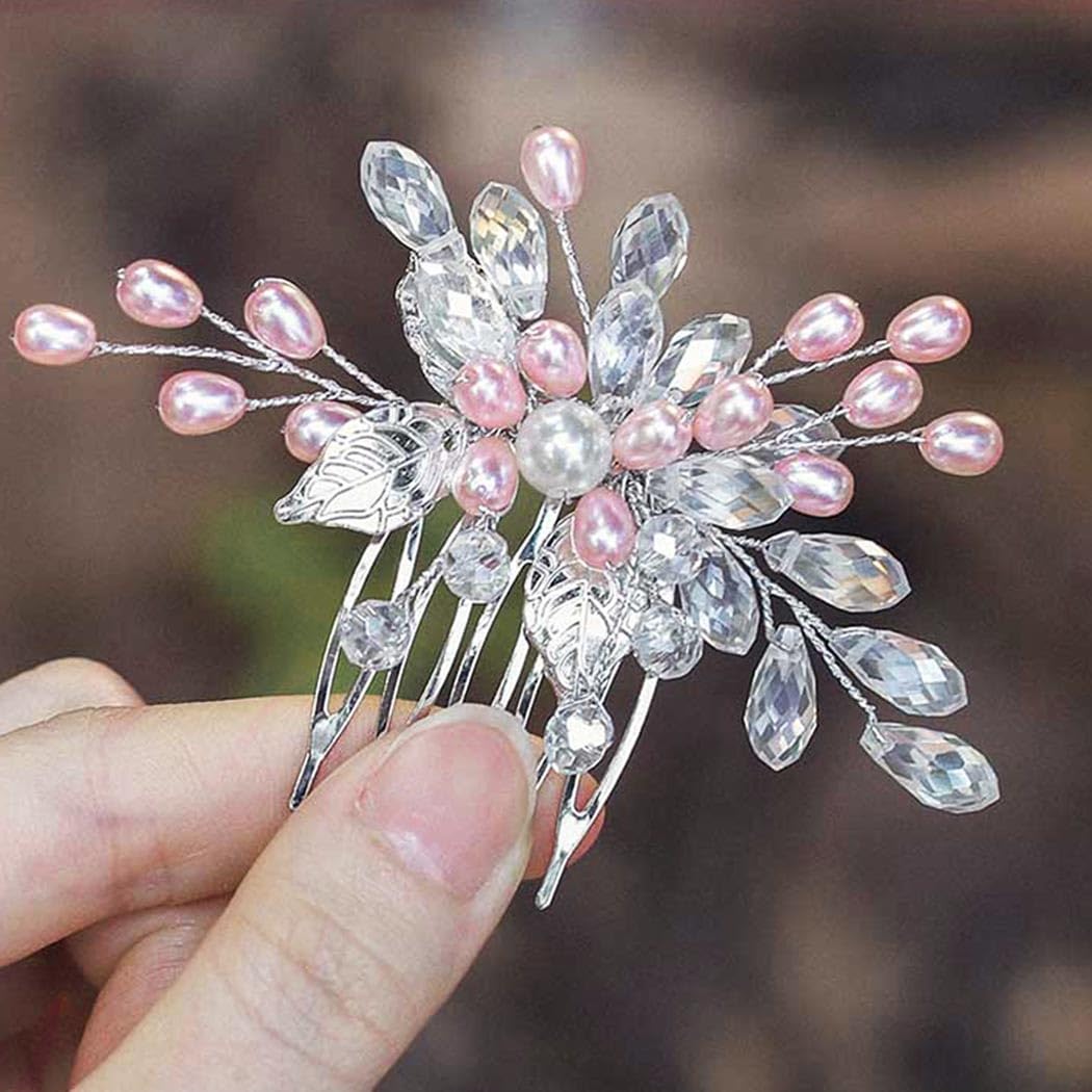 Pearl Bridal Hair Comb - Silver Rhinestone Leaf Hairpiece for Weddings & Special Events
