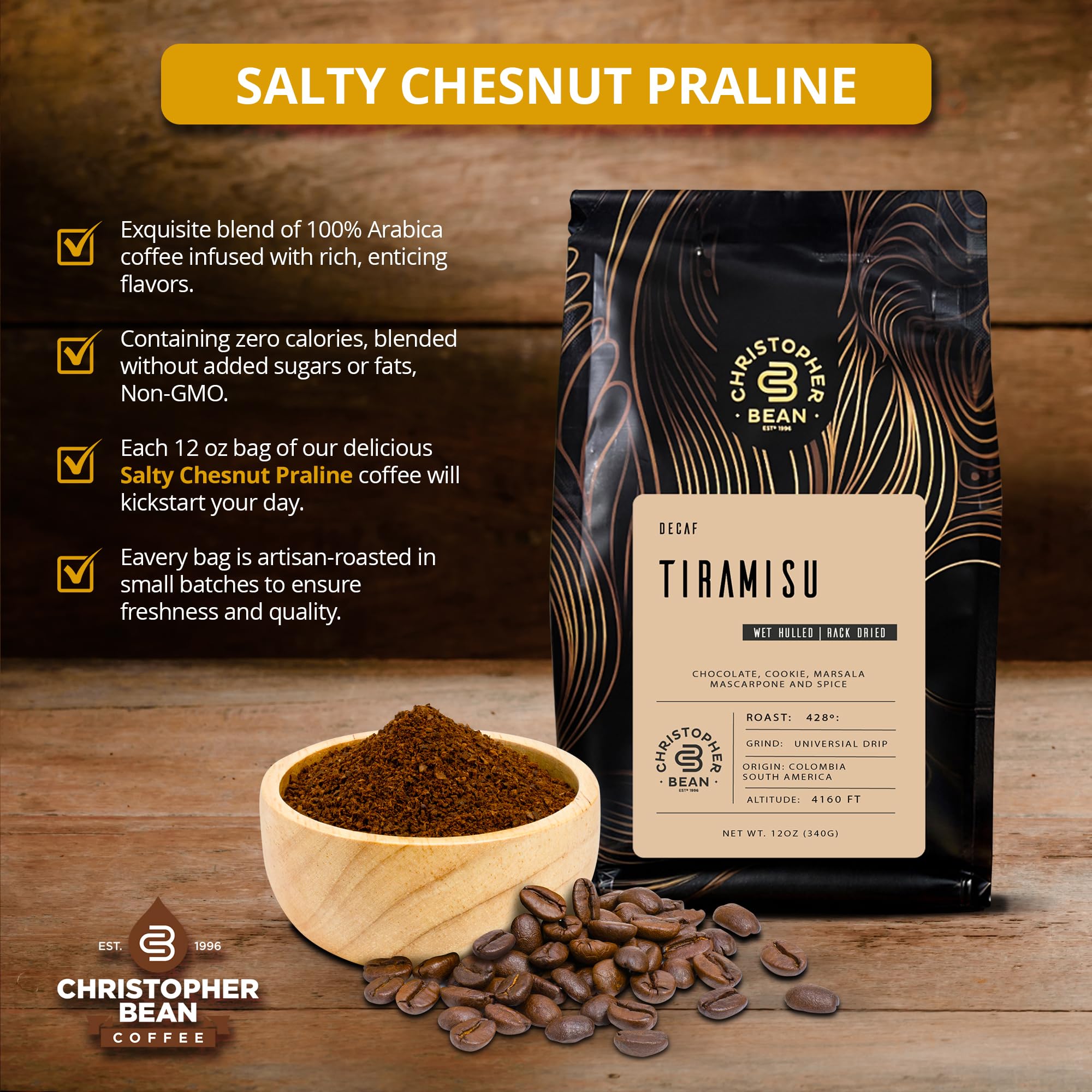 Christopher Bean Coffee - Decaf Ground Universal Drip Tiramisu Flavored Medium Roast Coffee | 100% Arabica, Sugar-Free, Fat-Free, Non-GMO | 10-Ounce Bag | Perfect for Home Brewing, Office Use & Gifts