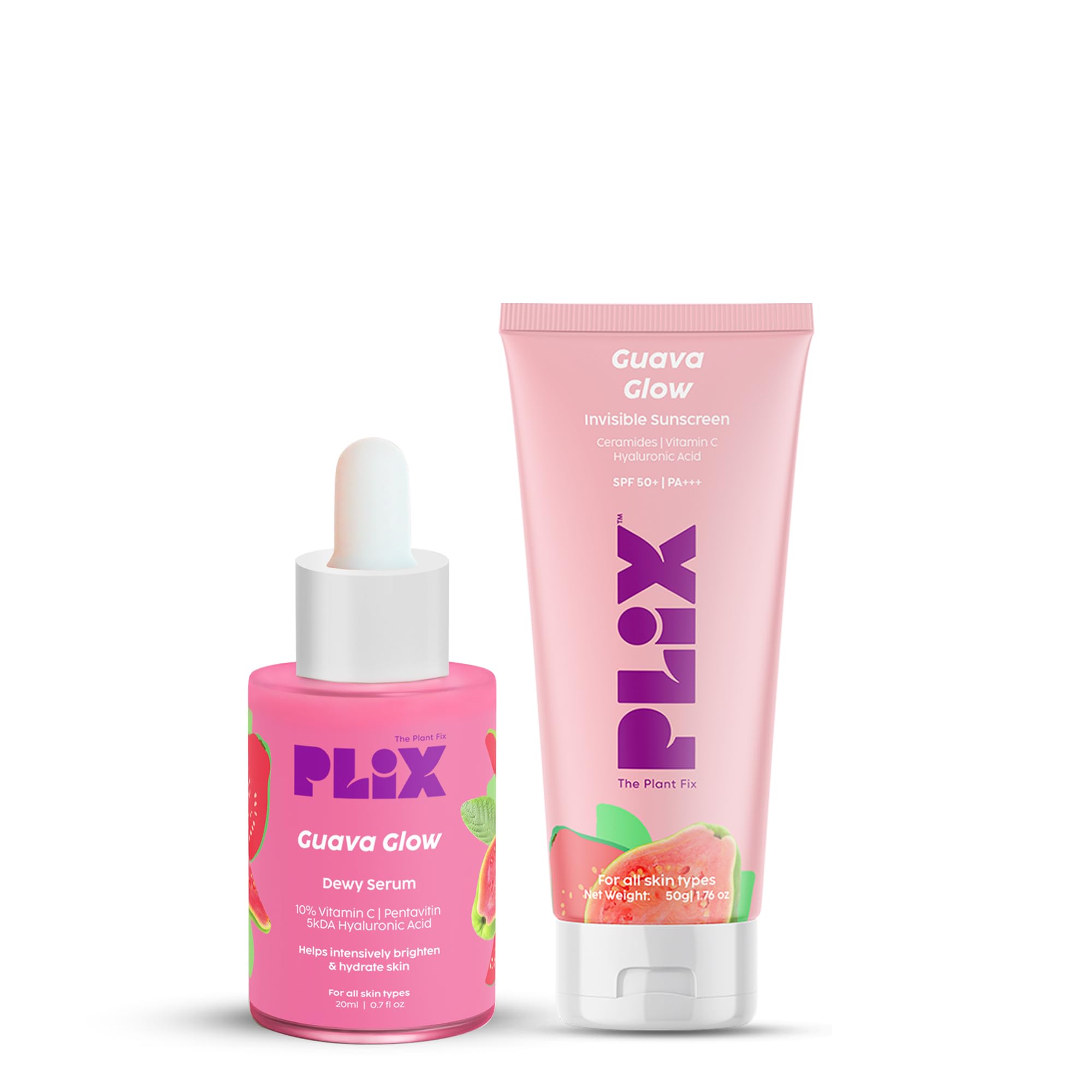 PLIX - THE PLANT FIX SPF 50+ Guava Glow Sunscreen (50g) & 10% Vitamin C Guava Face Serum (20ml) Combo - UV A/B Protection with Ceramides, Vitamin C, Hyaluronic Acid & Pentavitin - Perfect for Daily Sun Protection & Anti-Aging Skincare Routine