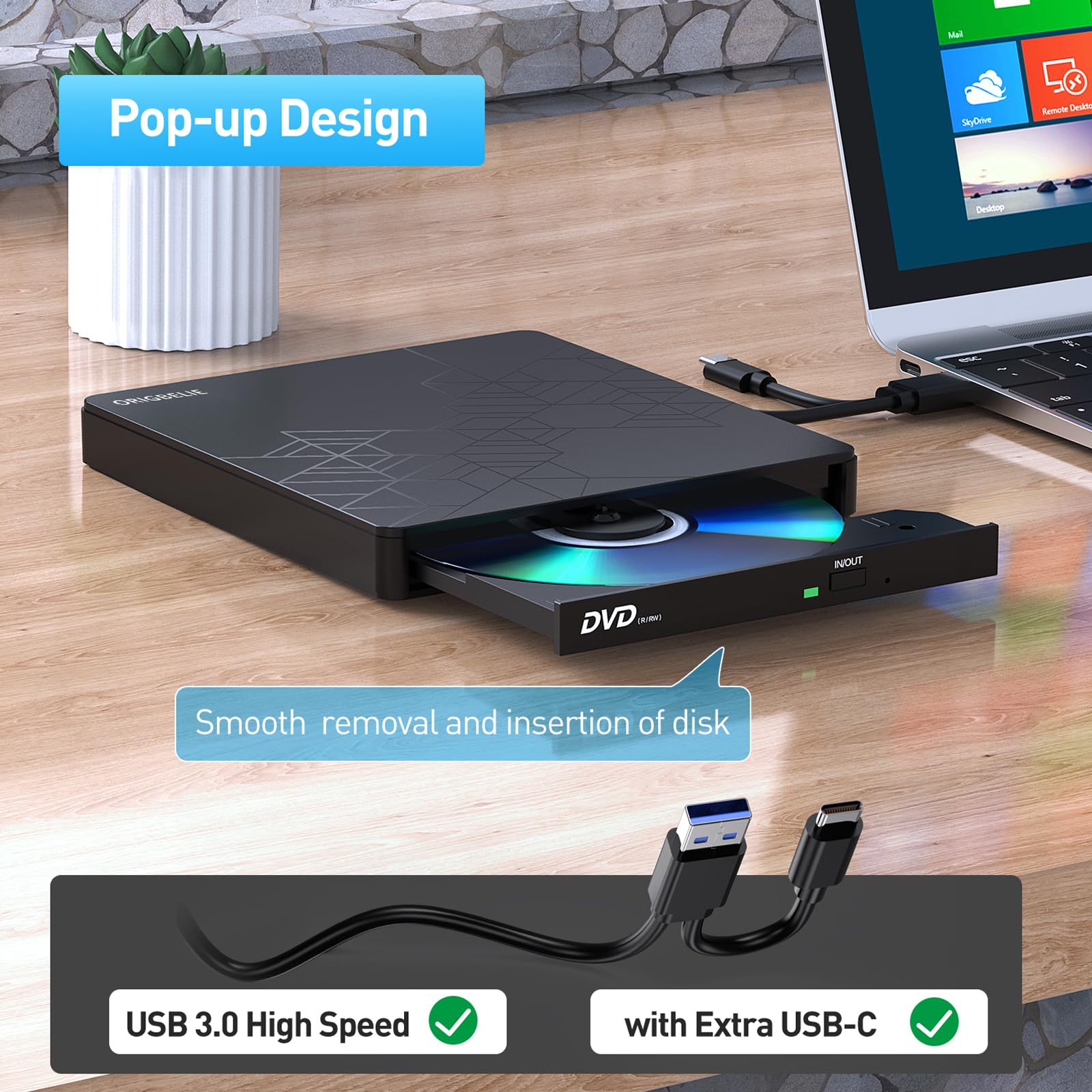 Portable External CD DVD Drive USB 3.0 with 2 USB Ports & TF/SD Card Slots - CD Burner for Laptop, Mac, PC (Windows 11/10/8/7, Linux) - Includes Carrying Case - Perfect for Home Office, Travel & Data Backup