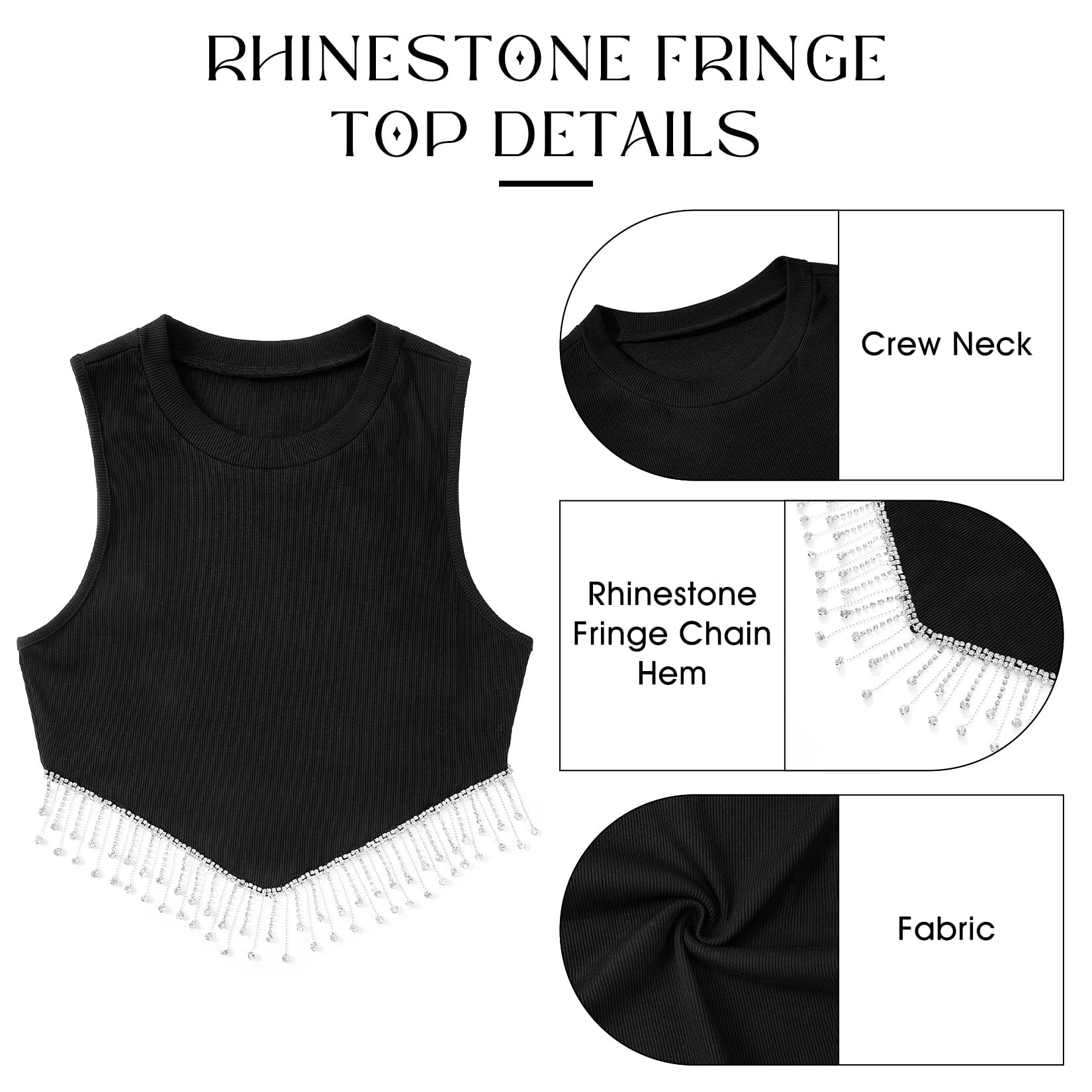 Century Star Rhinestone Fringe Top | Sparkly Sequin Glitter Crop Tank Top for Women | Sexy Concert Party Clubwear | Perfect for Night Out, Music Festivals & Special Events