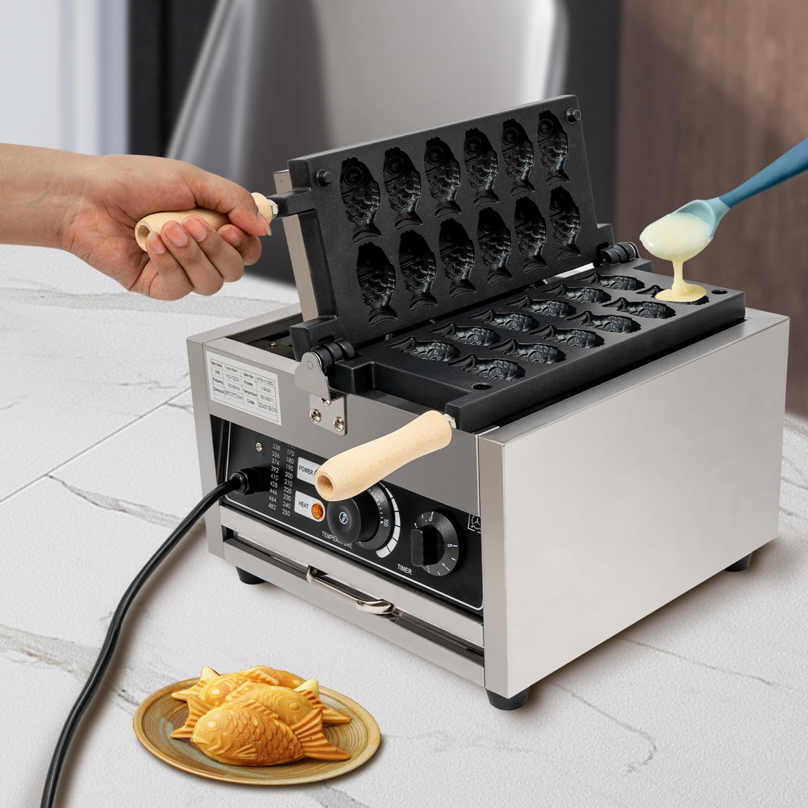 Electric Taiyaki Waffle Maker 1800W - Non-Stick Fish Shaped Waffle Iron with Adjustable Temperature (122-572°F) & 12 Cavities - Perfect for Restaurants, Cafes, Snack Shops, and Home Breakfast - Make Delicious Japanese Fish-Shaped Pancakes and Waffles