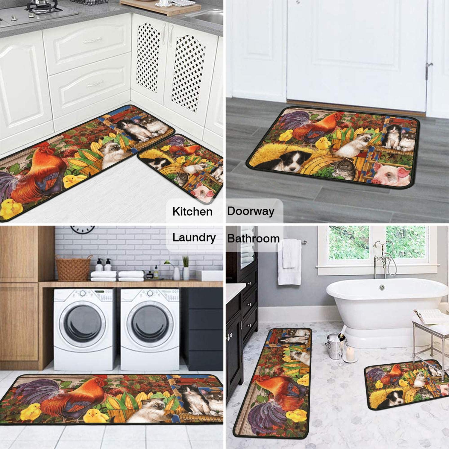 Farmhouse Kitchen Rugs and Mats Set of 2 - Non-Slip Washable Rooster Design Floor Mats for Home Decor (17x29 & 17x47 Inch) - Perfect for Farmhouse Style Kitchens, Holiday Cooking, and Seasonal Home Decorating
