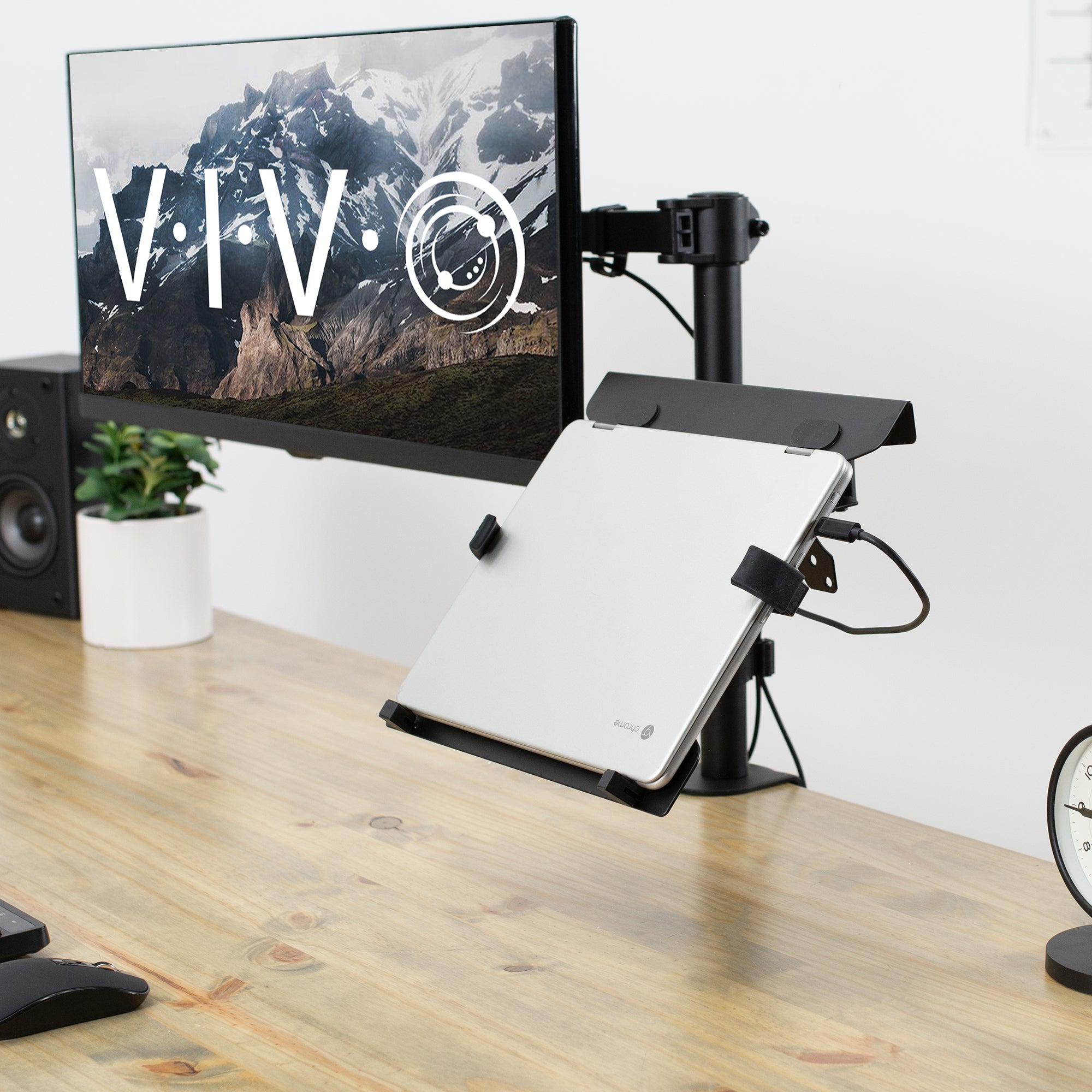 Adjustable Pole Mount Laptop Arm with Removable 75mm/100mm VESA Plate - Ergonomic Workspace Solution for Home & Office Desks