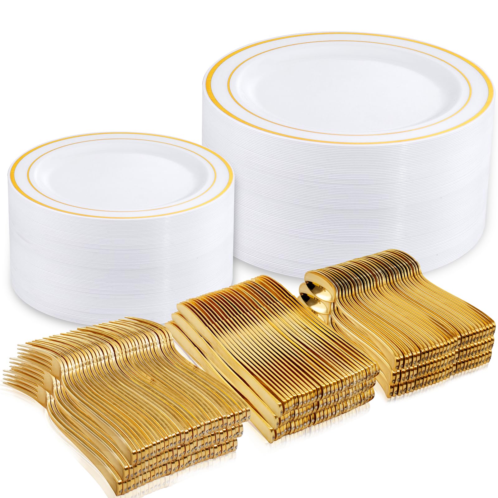 DaYammi 150-Piece Gold Plastic Dinnerware Set - 30 Gold Rim Dinner Plates, 30 Salad Plates, 30 Plastic Cutlery Sets | Elegant Disposable Tableware for Weddings, Parties, and Special Events