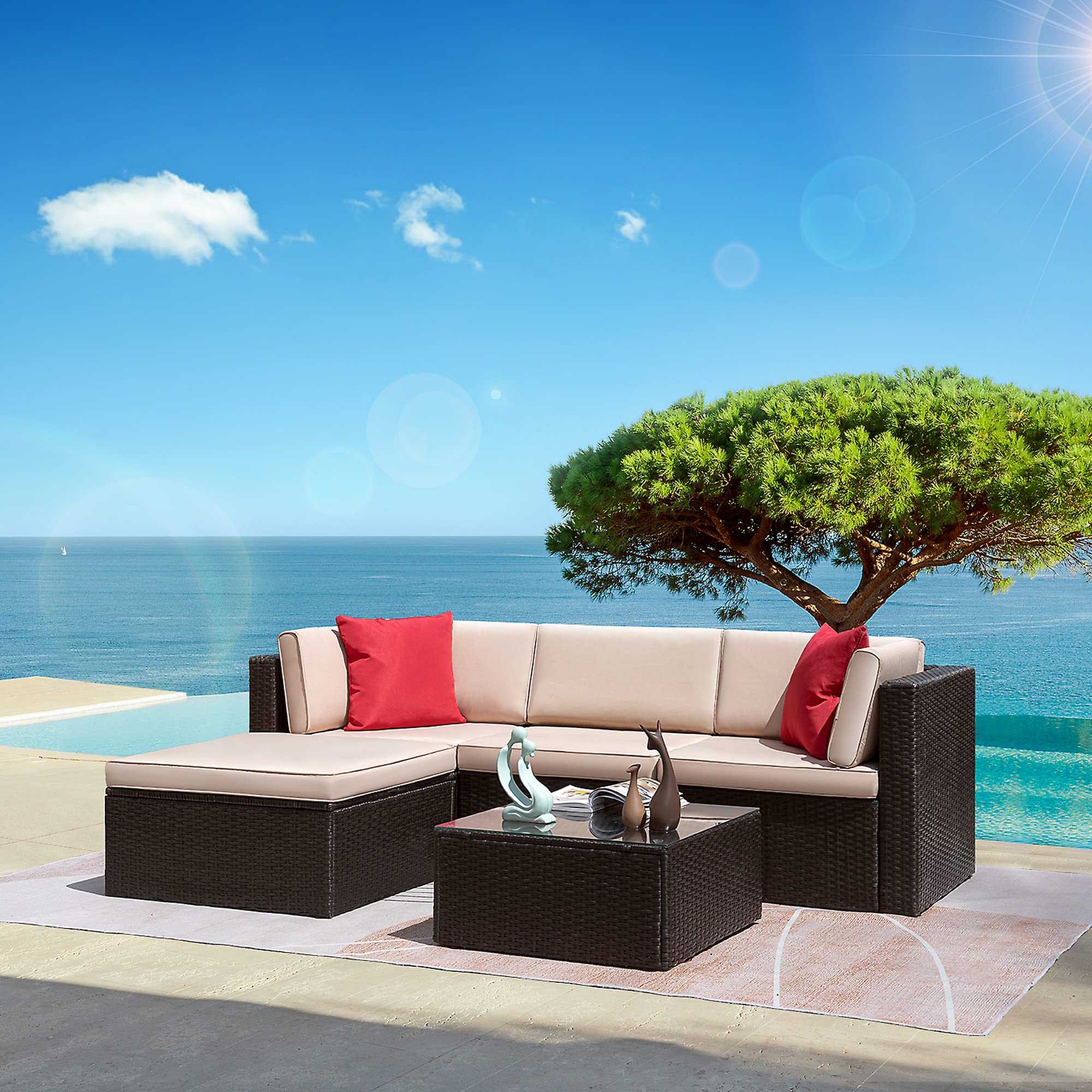 Rankok 5-Piece Outdoor Patio Furniture Set - PE Rattan Wicker Sectional Sofa with Cushions, Beige - Perfect for Garden, Lawn, Backyard & Poolside Relaxation