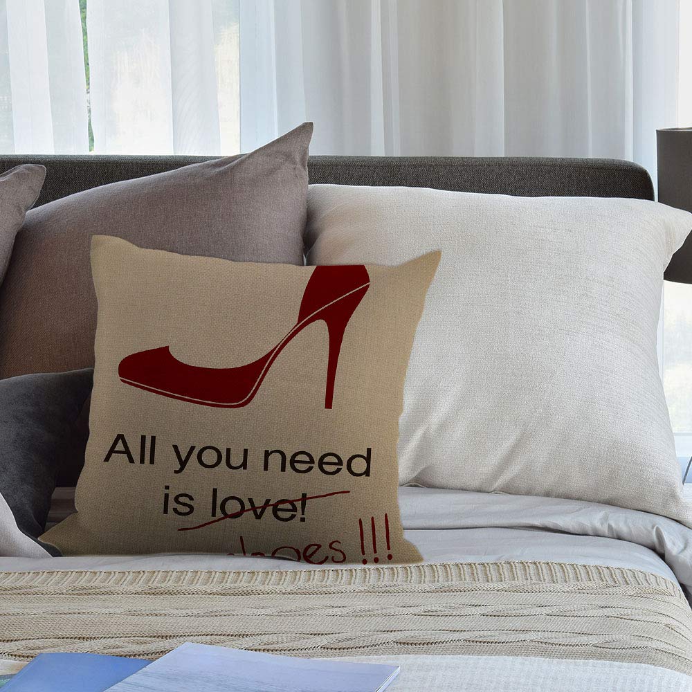 HGOD DESIGNS Funny Women Love Shoes High Heel Throw Pillow Cover - 16x16 Inch Cotton Linen Polyester Decorative Cushion for Sofa, Couch, Chair & Bedroom Decor - Perfect Gift for Shoe Lovers & Home Styling