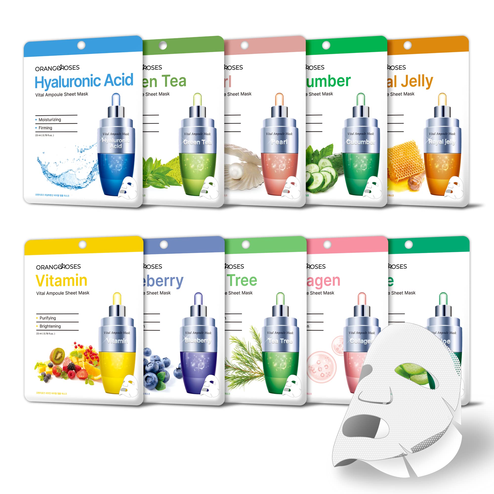 10-Piece Korean Vital Ampoule Sheet Mask Set - Hydrating, Anti-Wrinkle & Brightening Facial Skincare Treatment | Simple & Effective Daily Routine | Perfect for Spa Night, Travel & Gift Giving